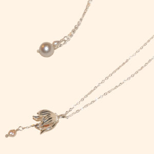 Sterling Silver Dainty Fleur de Lune Adjustable Pearl Necklace with Flower Bud | Romantic & Multiwear Design