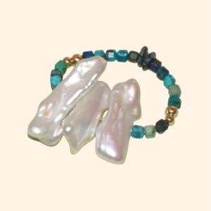 14K Gold-Filled Classic Calming FOREST Stretchy Ring – Chrysocolla & Baroque Pearl