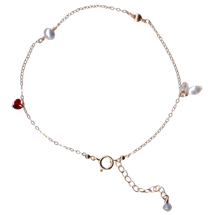 14K Gold-filled Blissful TOMORROW Bracelet with Labradorite & Red Zircon Heart & Pearl - Image 8