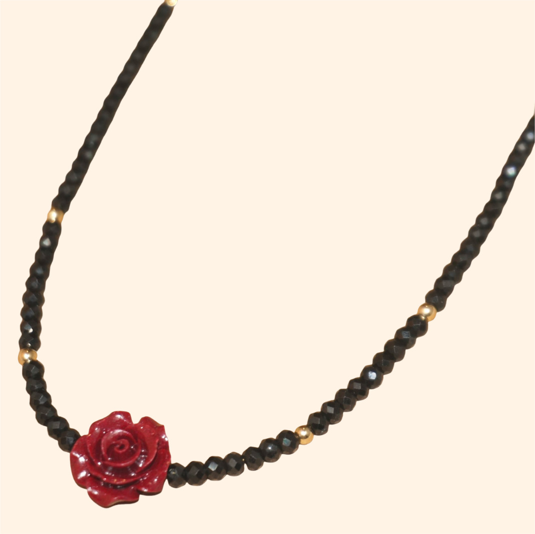 14K Gold-Filled Calming FLAME Talisman Necklace with Cinnabar Rose & Black Spinel