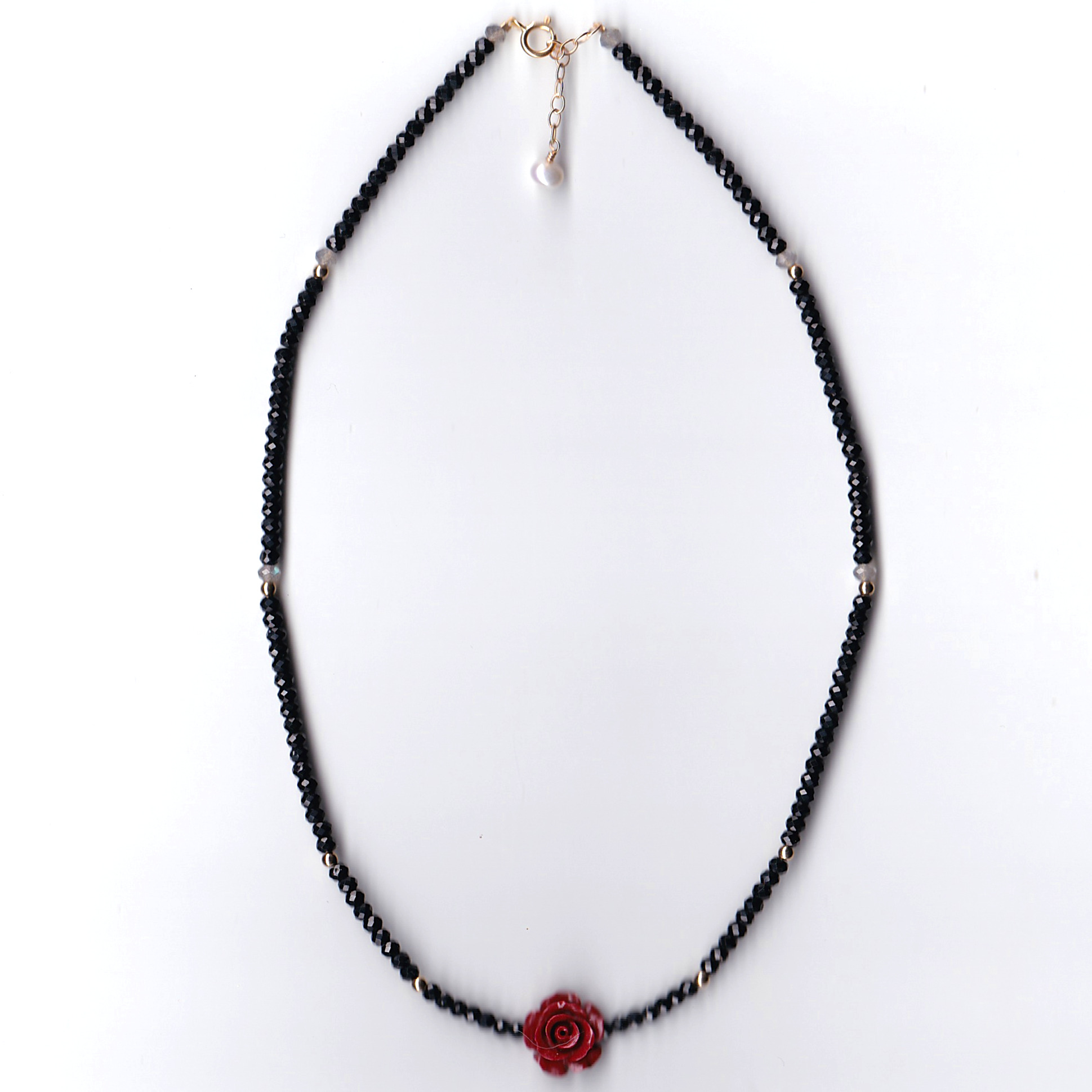 14K Gold-Filled Calming FLAME Talisman Necklace with Cinnabar Rose & Black Spinel - Image 8