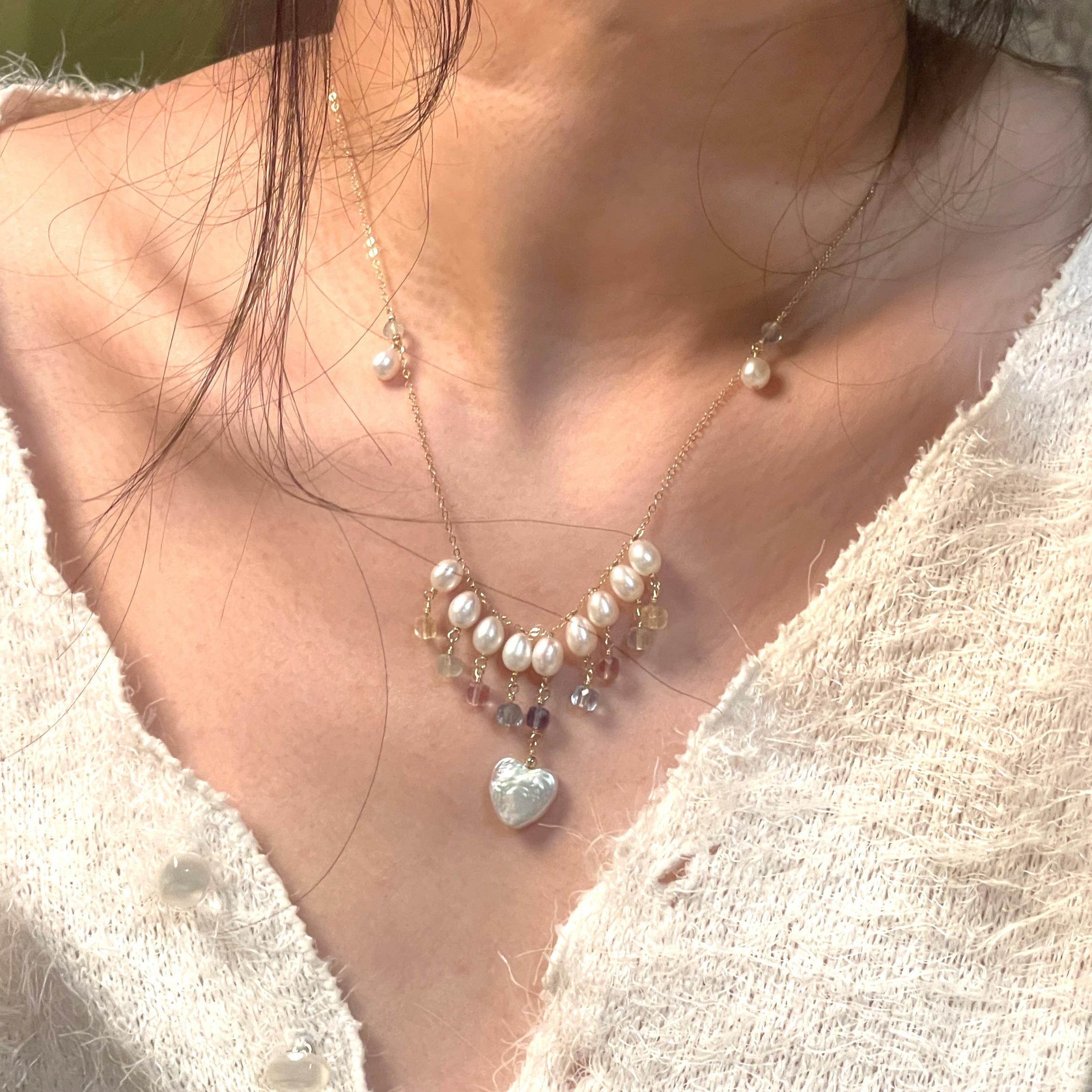 14K Gold-Filled Dazzling Angel Heart Baroque Pearl Necklace with Fluorite Gemstones - Image 7