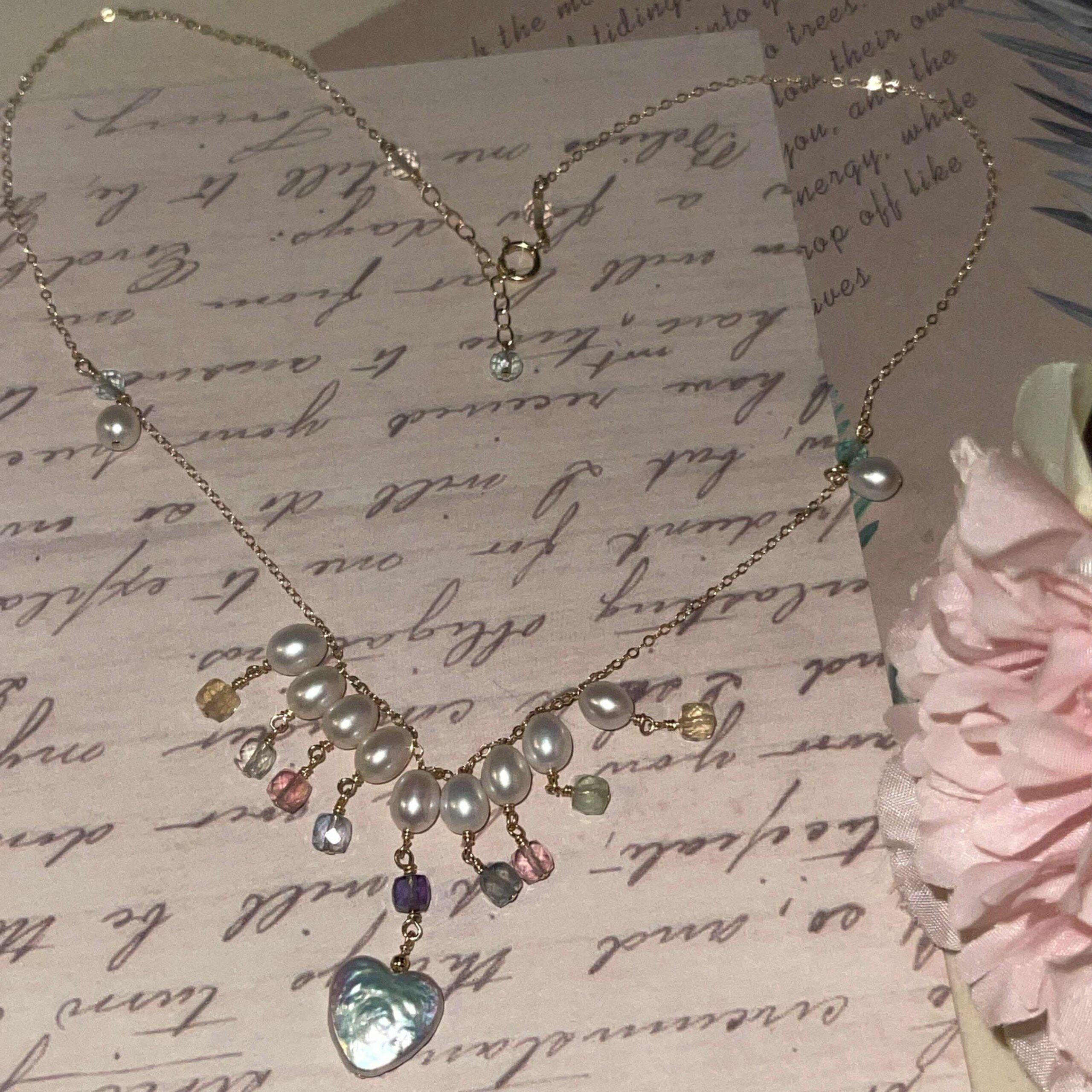 14K Gold-Filled Dazzling Angel Heart Baroque Pearl Necklace with Fluorite Gemstones - Image 8