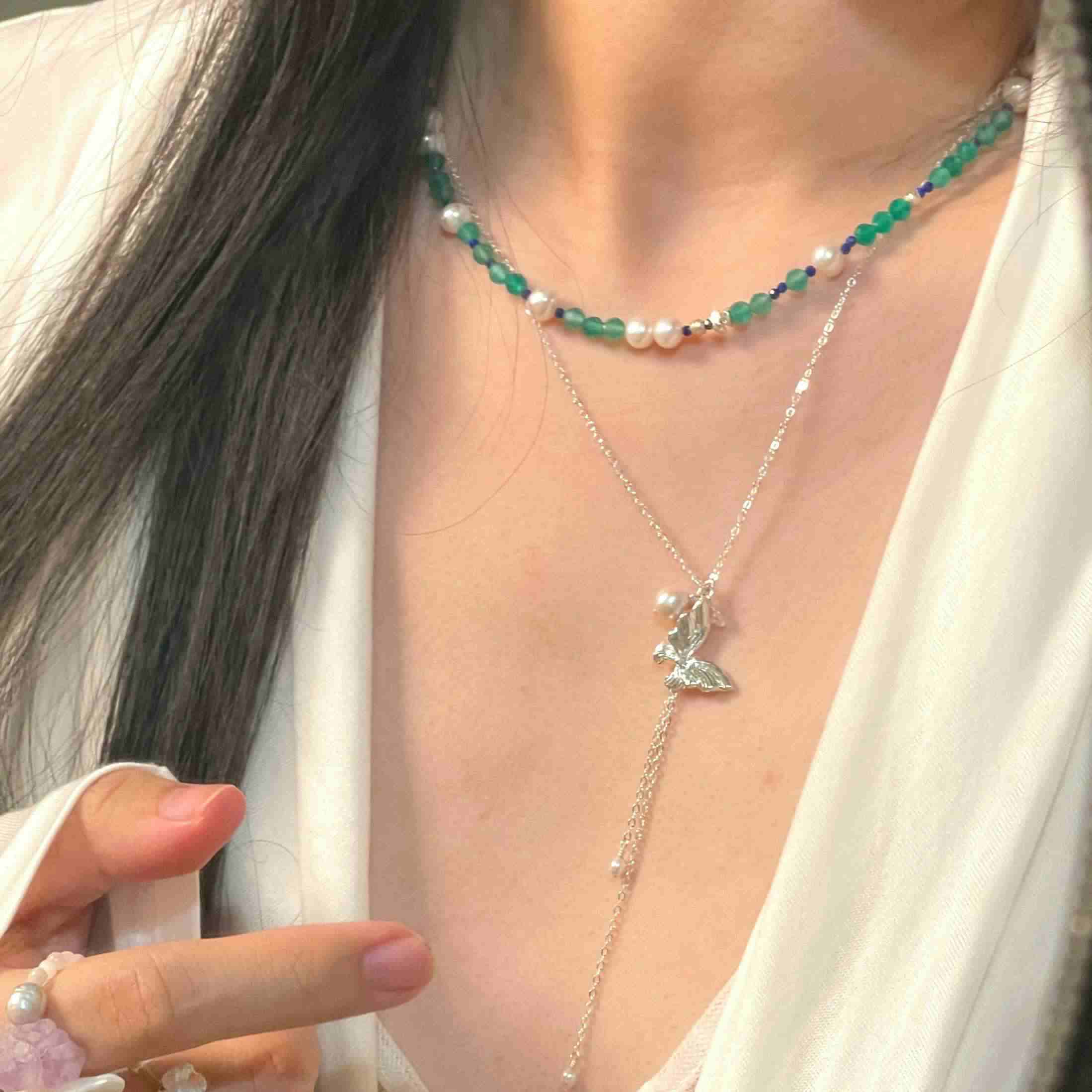 14K Gold-filled & Sterling Silver Luxurious Calming DEW Green Agate Necklace | Handcrafted Healing Jewelry with Pearl - Image 5