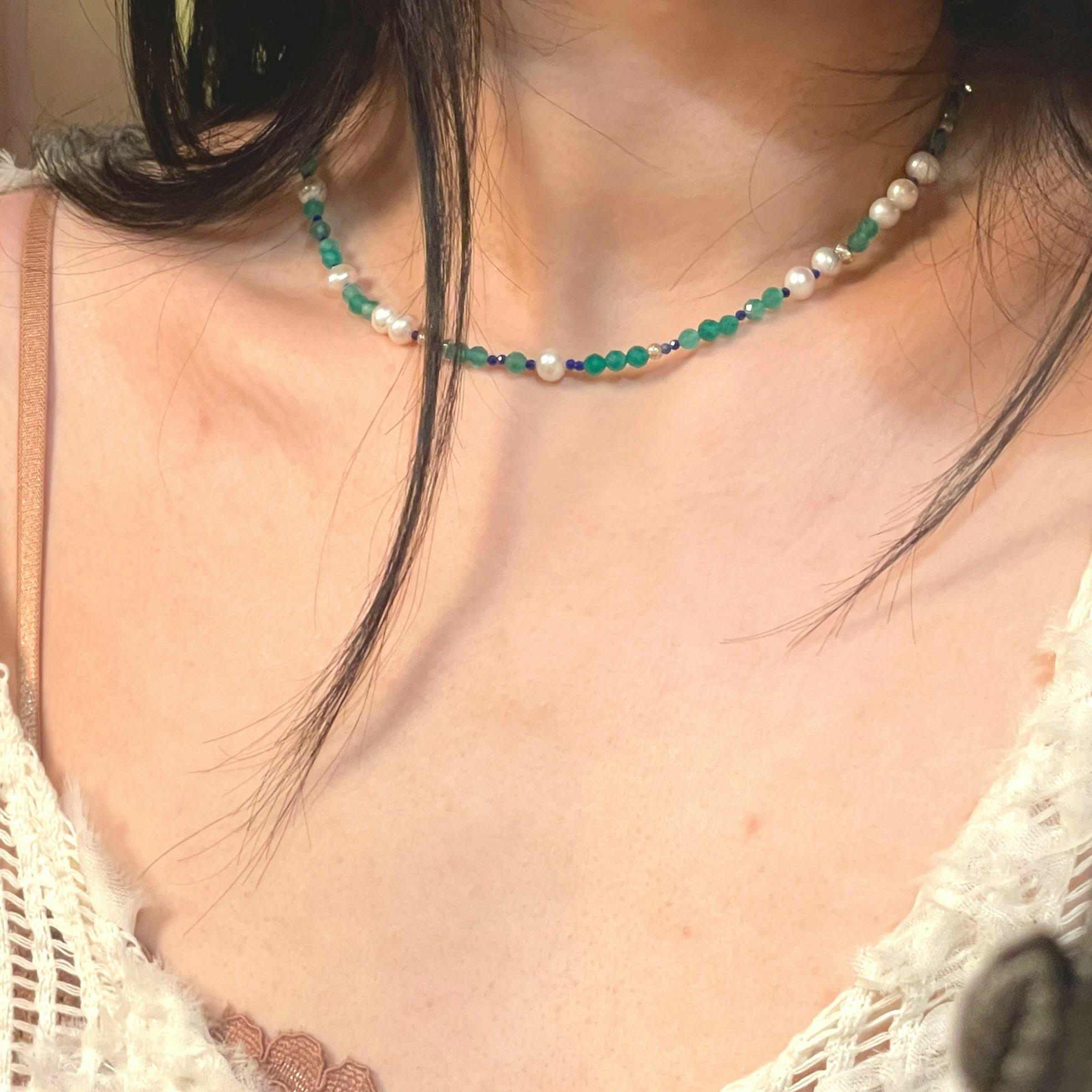 14K Gold-filled & Sterling Silver Luxurious Calming DEW Green Agate Necklace | Handcrafted Healing Jewelry with Pearl - Image 2