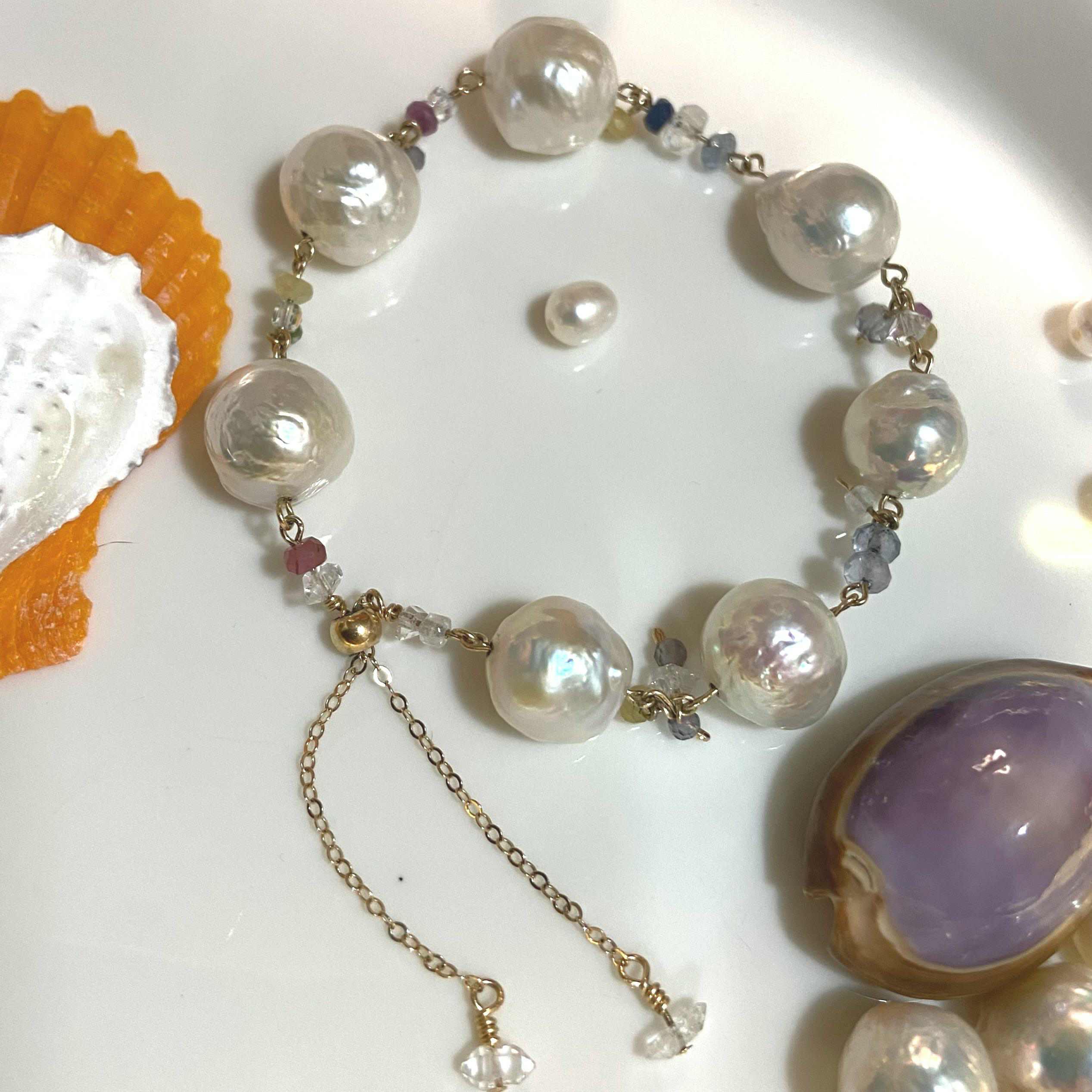 14K Gold-Filled charming DREAM Bracelet with AAA Baroque Pearls & Herkimer Diamonds& Adjustable Length - Image 5