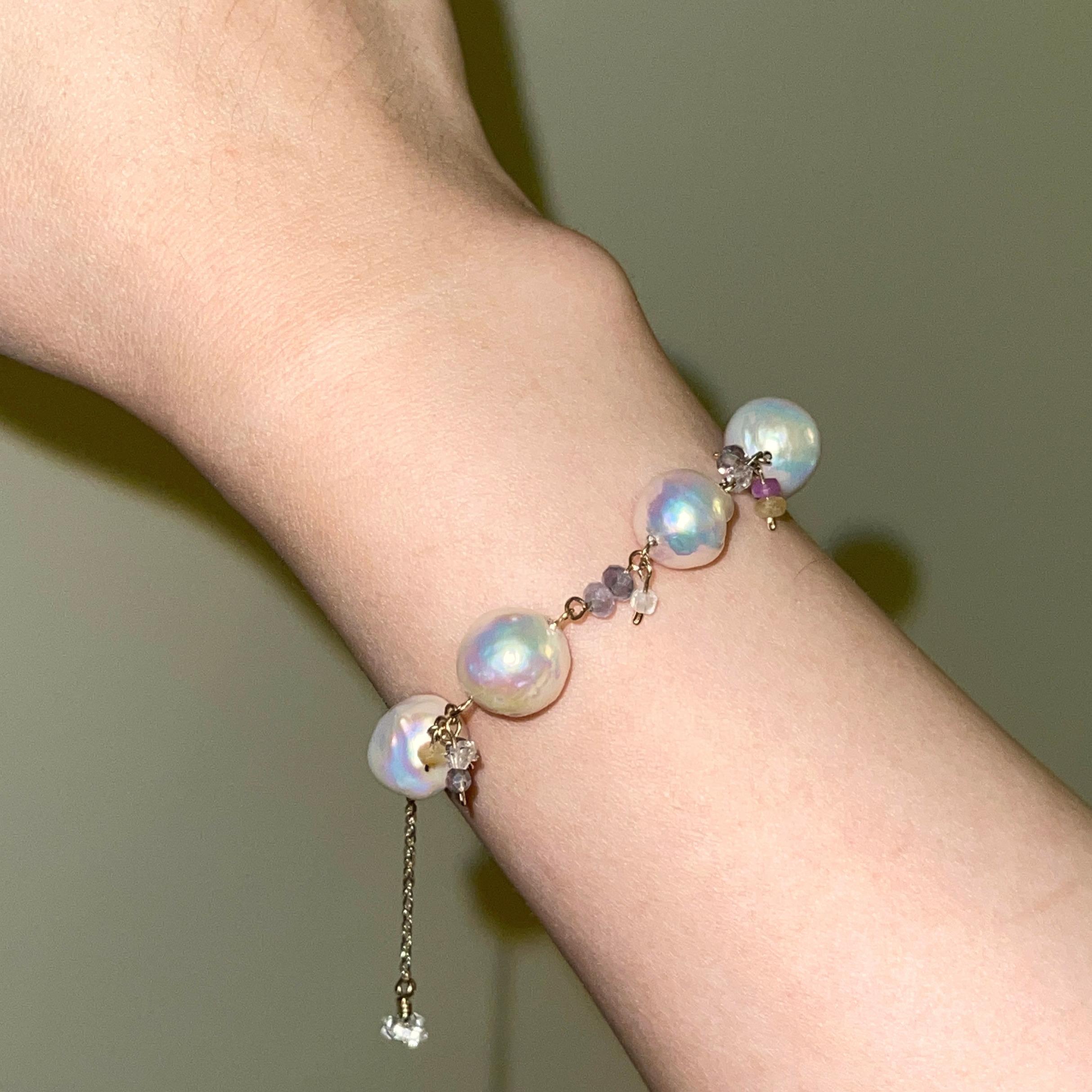 14K Gold-Filled charming DREAM Bracelet with AAA Baroque Pearls & Herkimer Diamonds& Adjustable Length - Image 8