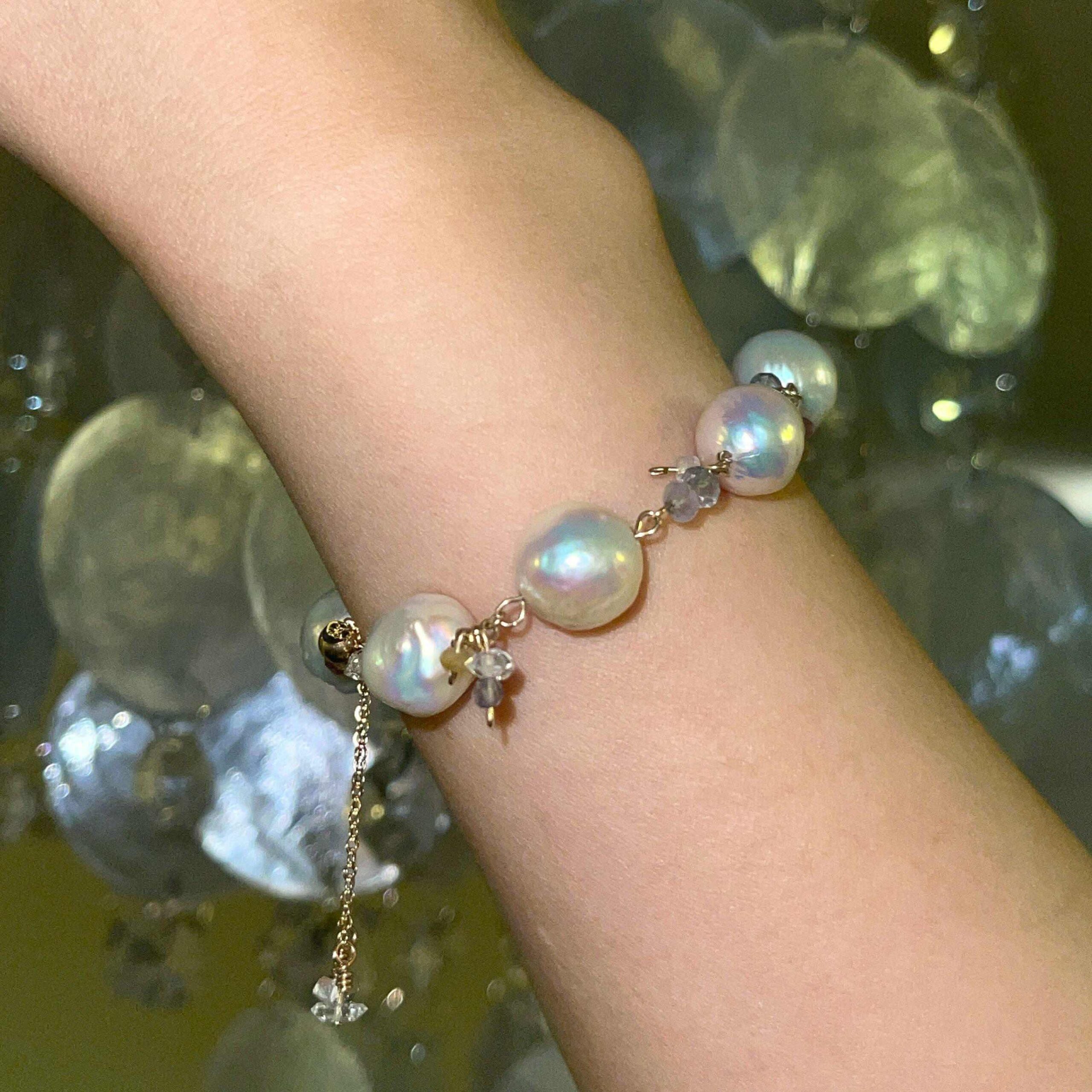 14K Gold-Filled charming DREAM Bracelet with AAA Baroque Pearls & Herkimer Diamonds& Adjustable Length - Image 6
