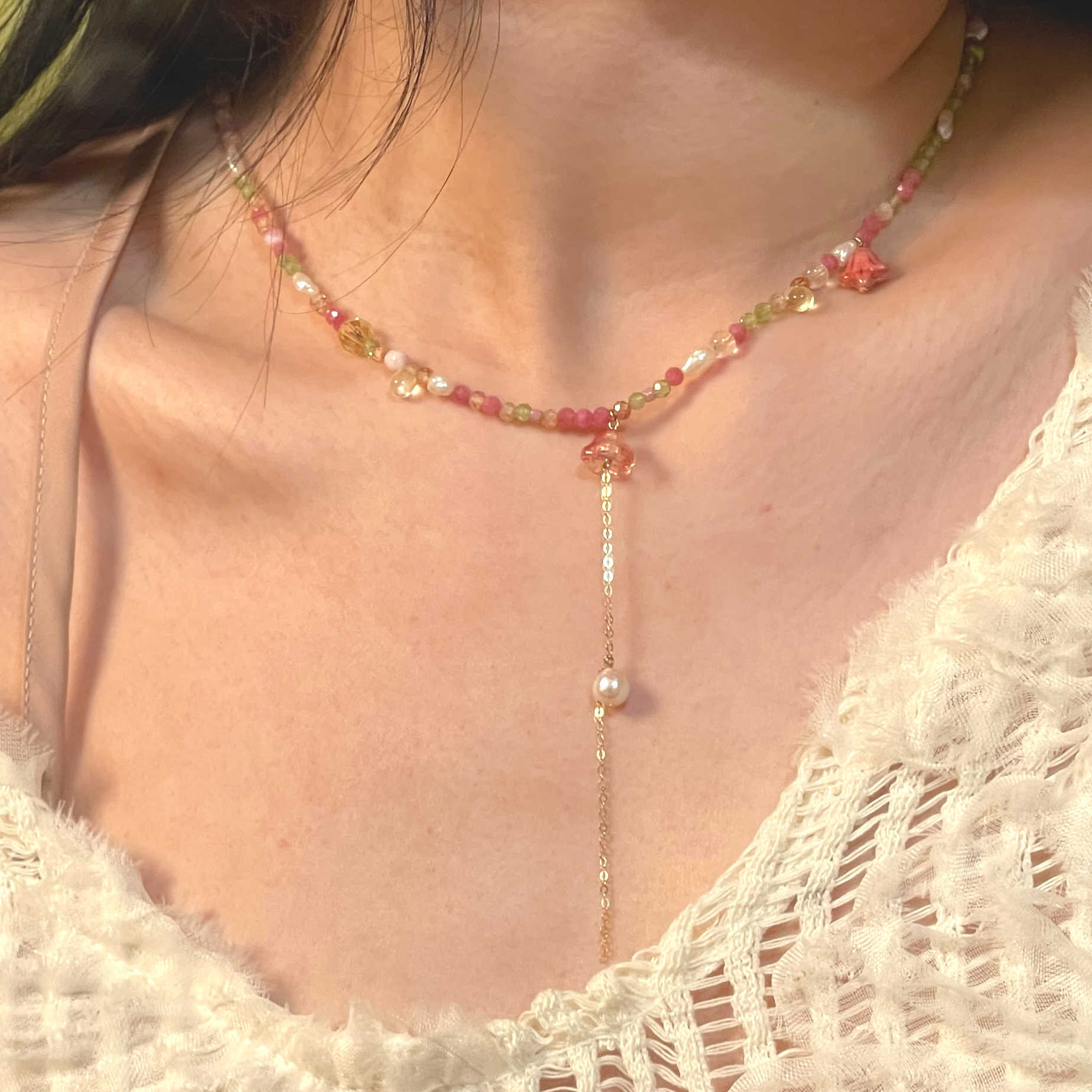 14K Gold-Filled Whimsical FAIRY TALE Necklace - Baroque Pearl & Colorful Czech Beads - Image 2