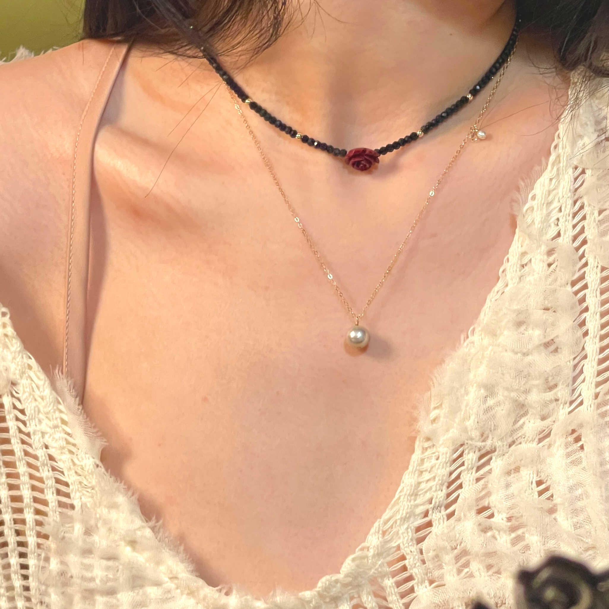 14K Gold-Filled Calming FLAME Talisman Necklace with Cinnabar Rose & Black Spinel - Image 2