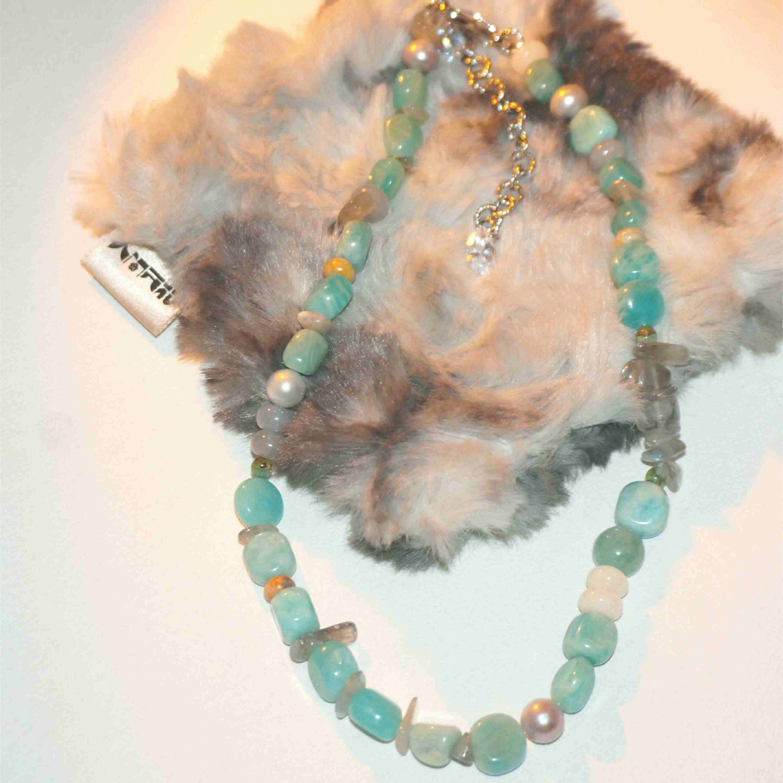 Stainless Steel Eye-catching ICEBERG Necklace – Amazonite, Baroque Pearls & Zircon for Creativity & Healing - Image 4