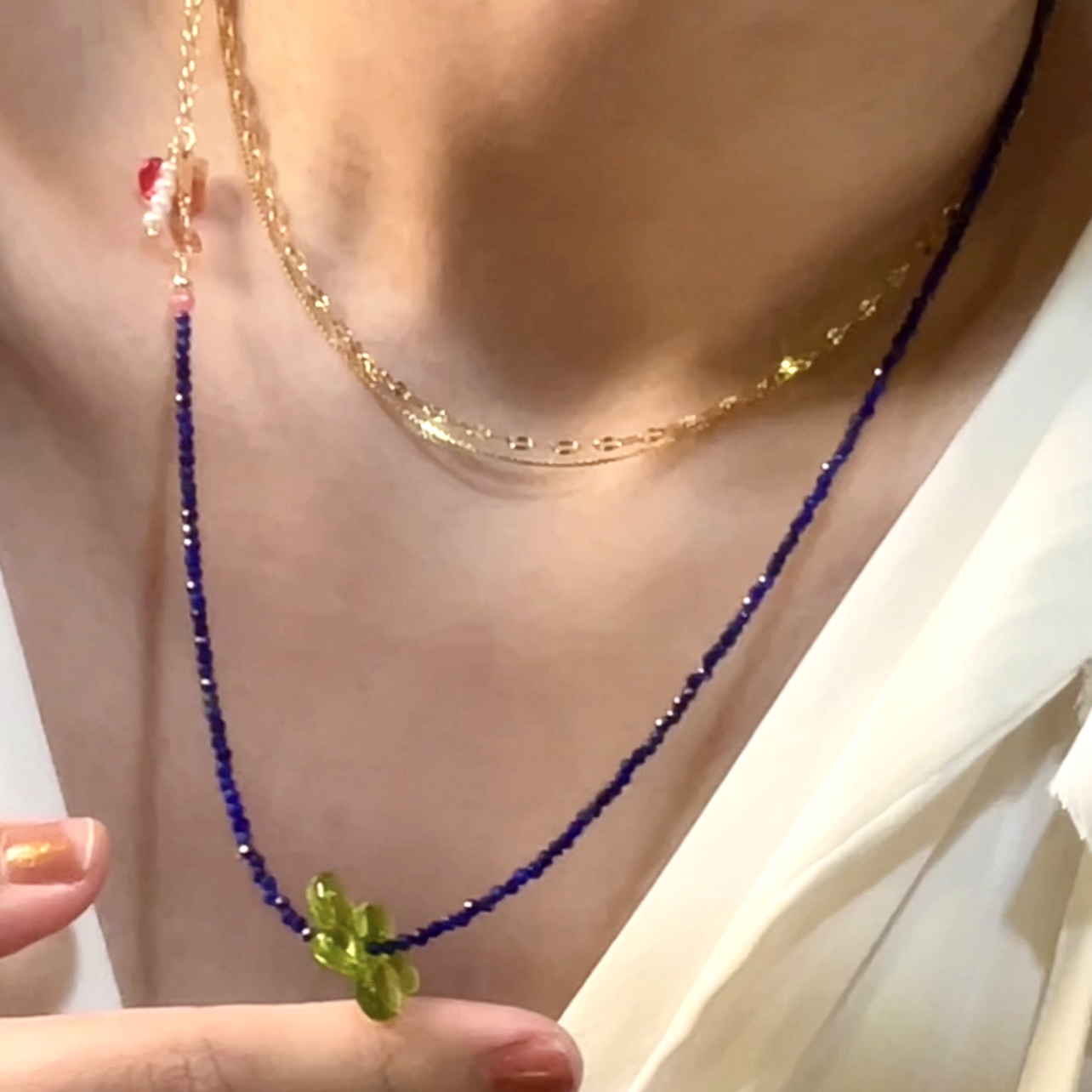 14K Gold-Filled Eye-catching AZURE BLOOM Multi-Wear Necklace/Bracelet – Lapis Lazuli, Sunstone, Floral, Pearls - Image 6