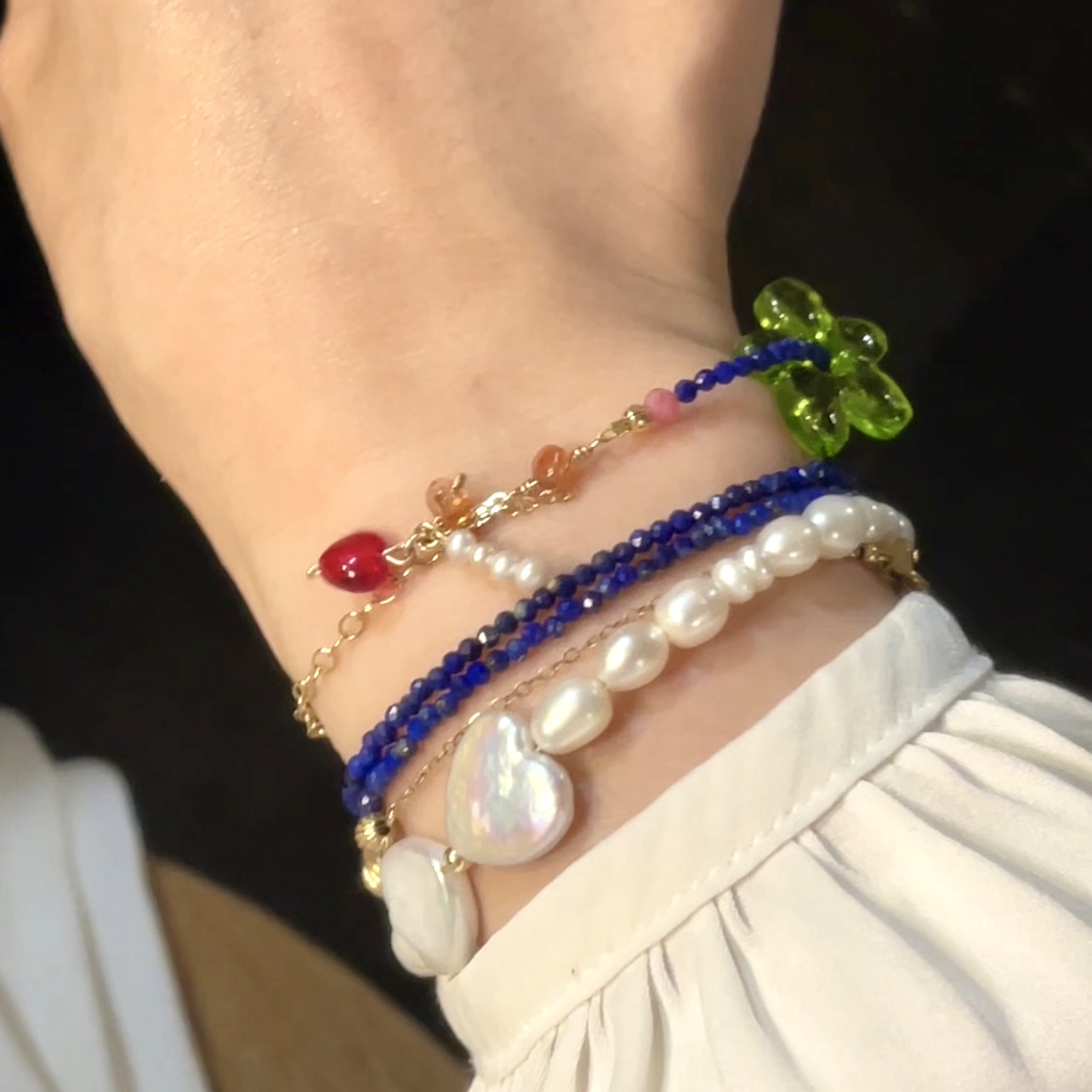 14K Gold-Filled Eye-catching AZURE BLOOM Multi-Wear Necklace/Bracelet – Lapis Lazuli, Sunstone, Floral, Pearls - Image 5