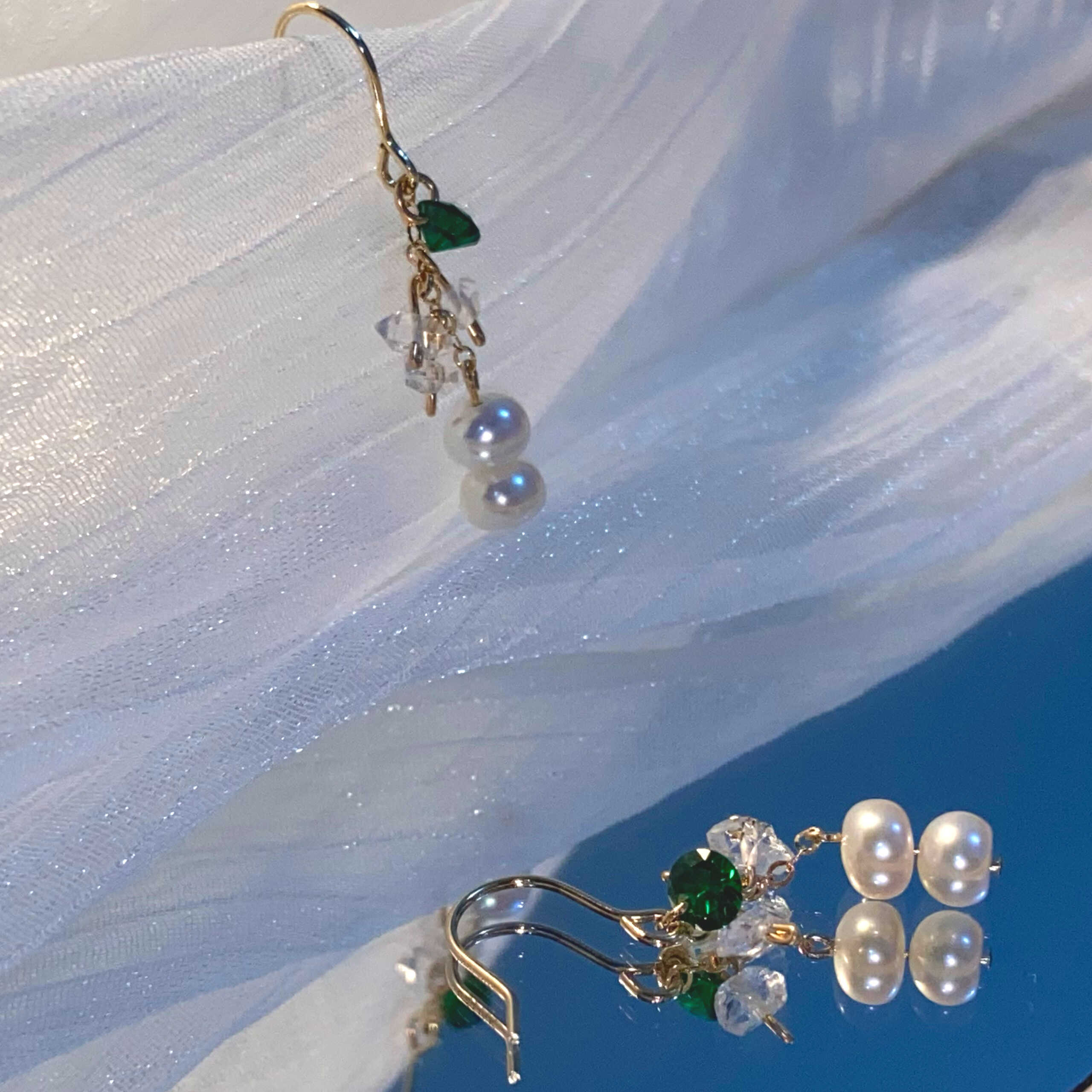 14K Gold-filled Healing BAMBOO Herkimer Diamond & Button Pearl Earrings - Image 2