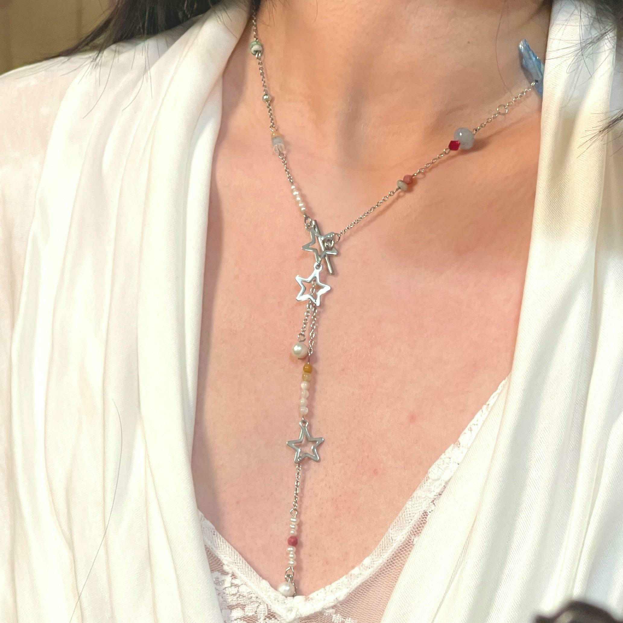 Stainless Steel Charming Handcrafted Multi-wear MILKY WAY Elegant Pearl & Natural Stone Necklace - Image 3