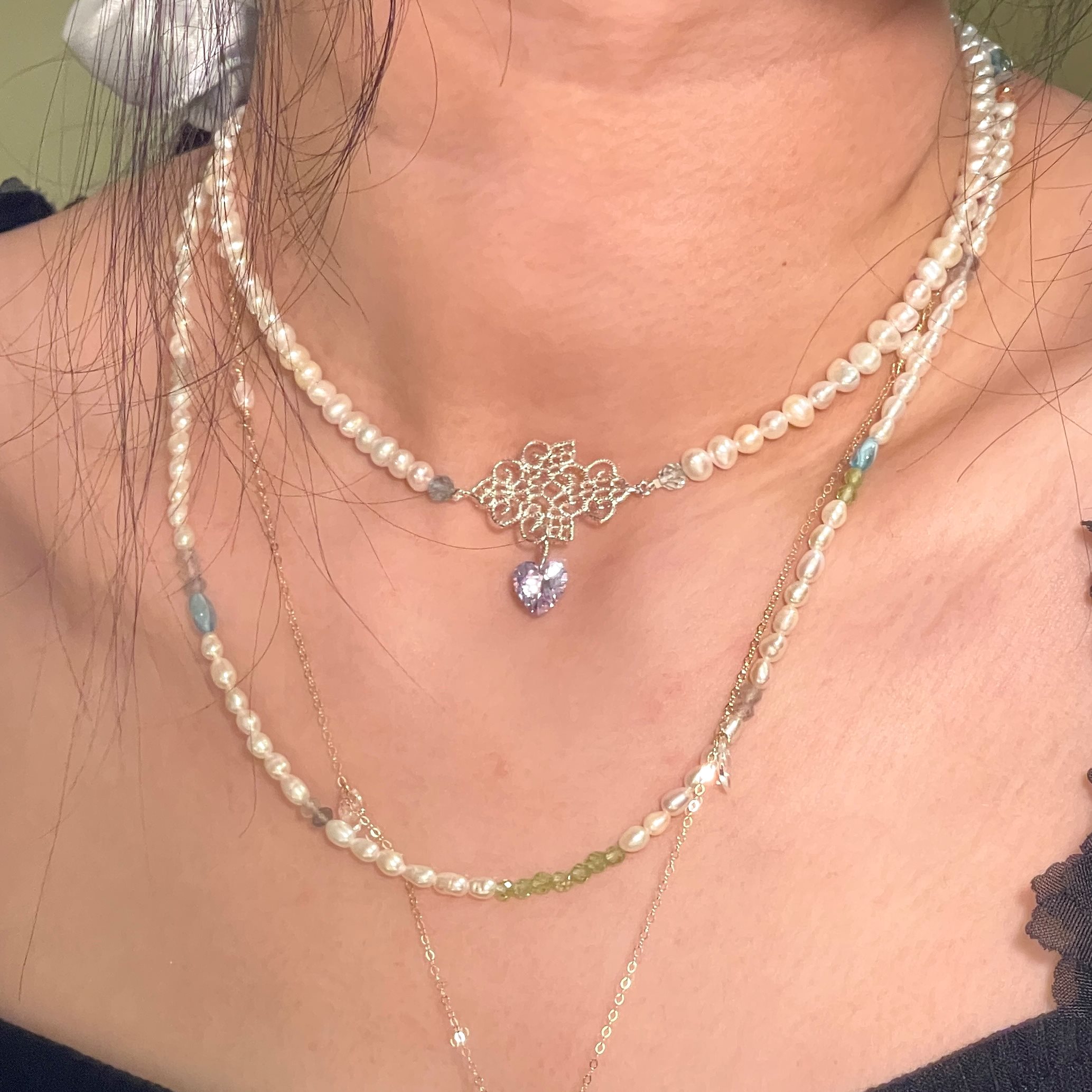 Sterling Silver Layering Dreamy PRINCESS Shining Heart Necklace/Bracelet with Freshwater Pearls & Zircon - Image 4