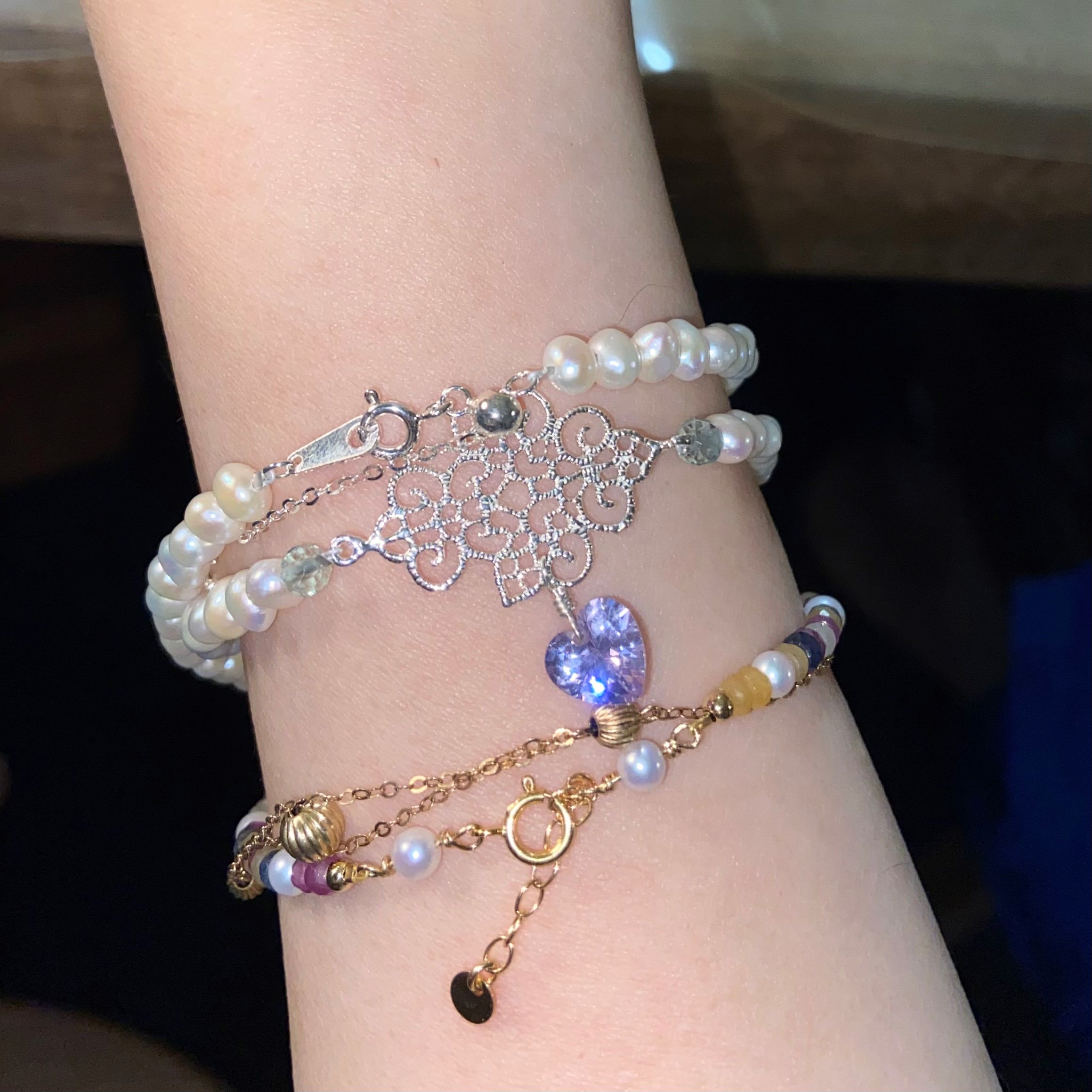 Sterling Silver Layering Dreamy PRINCESS Shining Heart Necklace/Bracelet with Freshwater Pearls & Zircon - Image 2