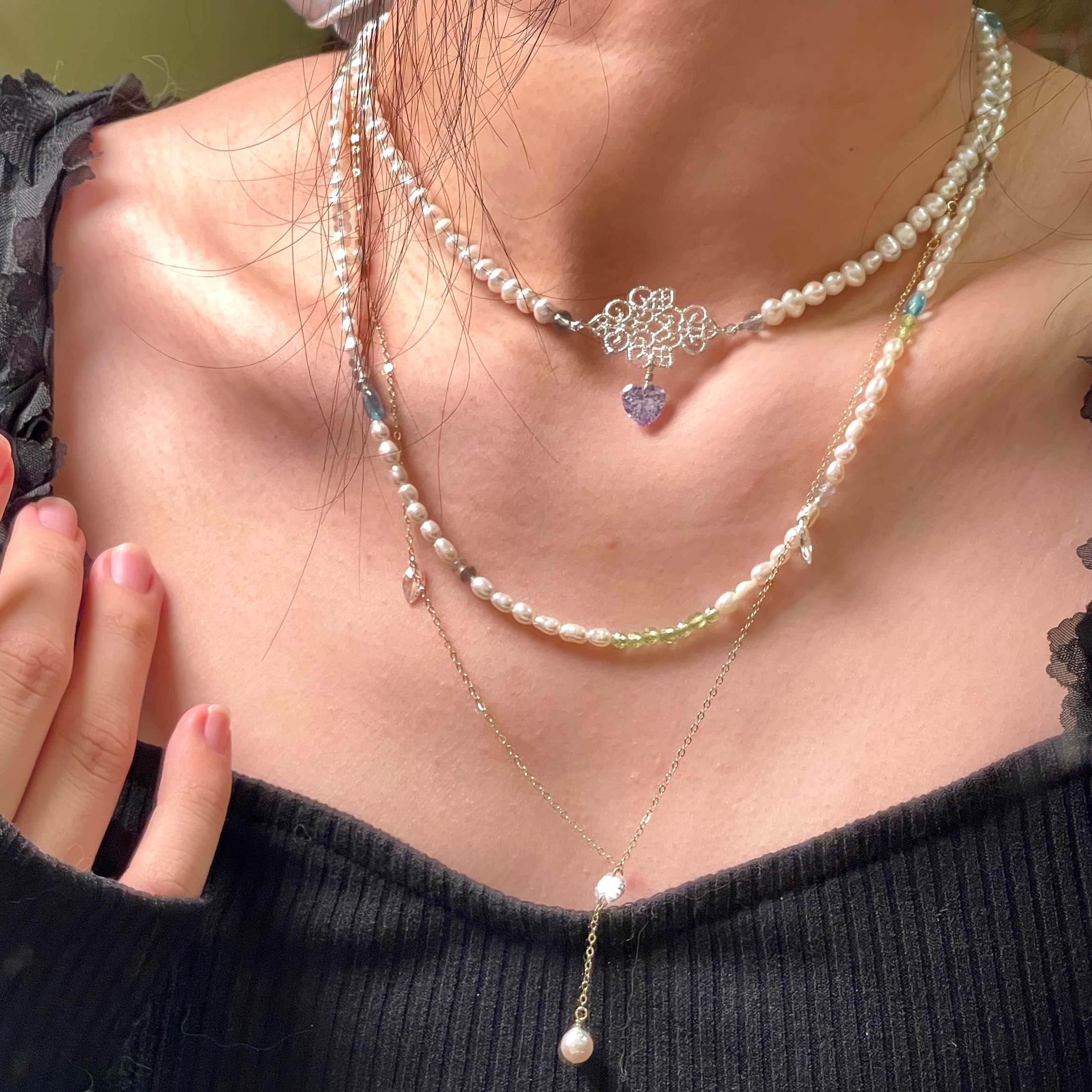 Sterling Silver Layering Dreamy PRINCESS Shining Heart Necklace/Bracelet with Freshwater Pearls & Zircon - Image 7