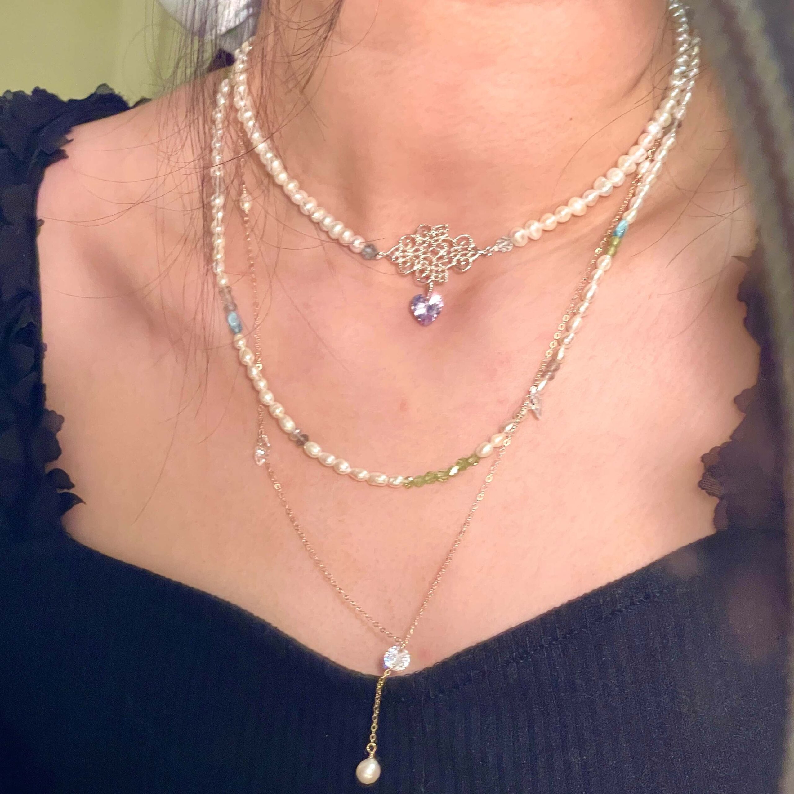 Sterling Silver Layering Dreamy PRINCESS Shining Heart Necklace/Bracelet with Freshwater Pearls & Zircon - Image 5