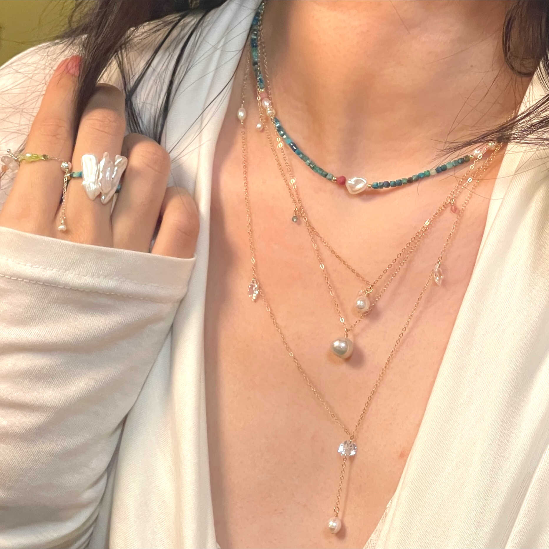 14K Gold-Filled Calming SILK ROAD Necklace - Chrysocolla & Pearl, Handmade Elegance - Image 3