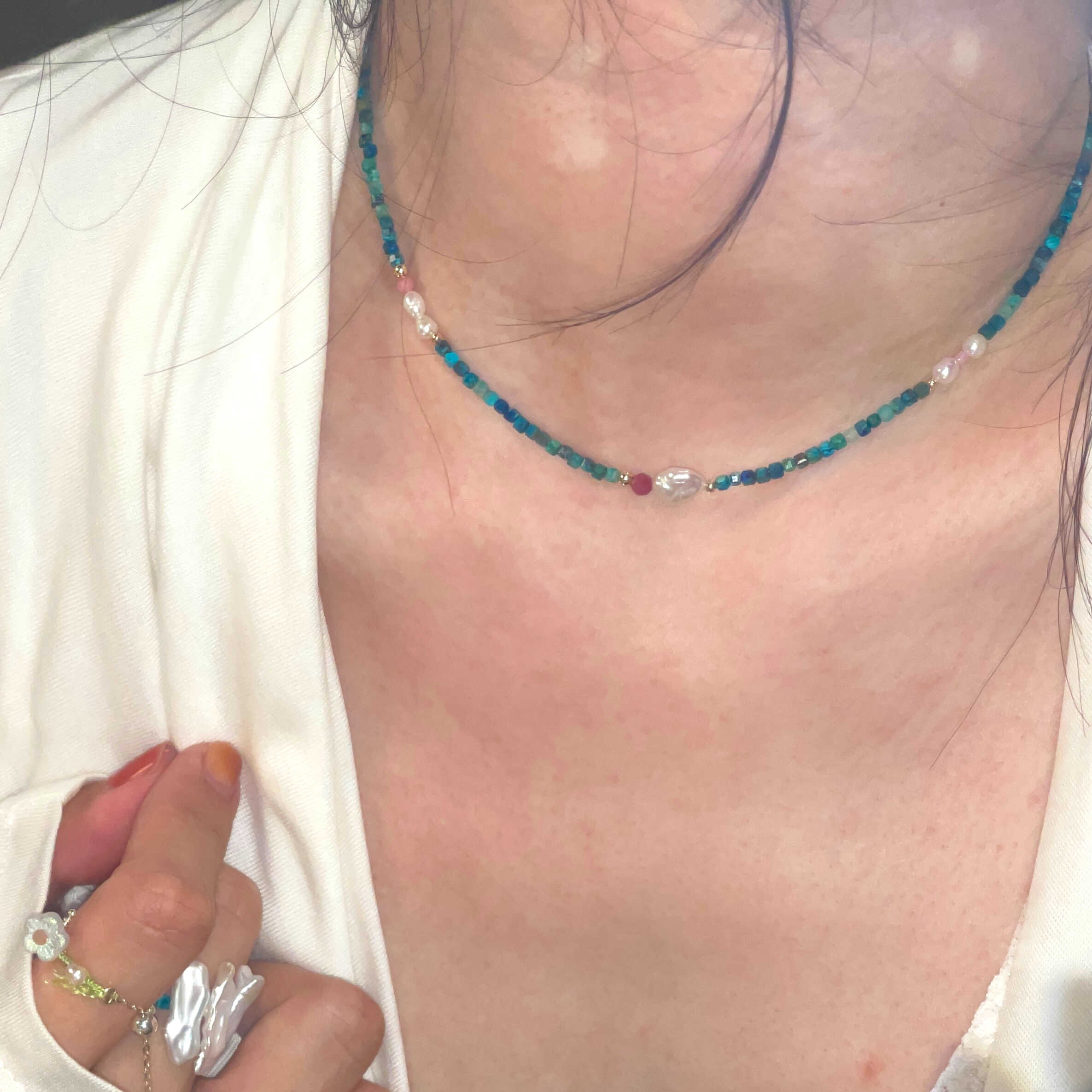 14K Gold-Filled Calming SILK ROAD Necklace - Chrysocolla & Pearl, Handmade Elegance - Image 2