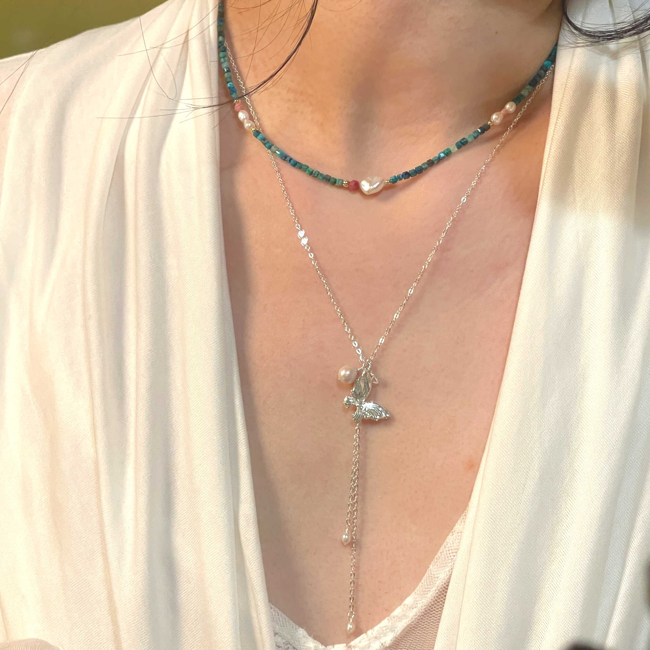 14K Gold-Filled Calming SILK ROAD Necklace - Chrysocolla & Pearl, Handmade Elegance - Image 5