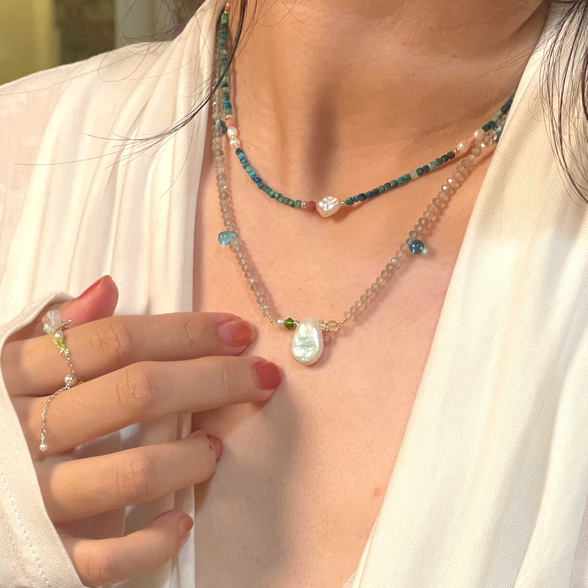 14K Gold-Filled Enchanting Exquisite THE TEAR OF MERMAID Necklace - Teardrop Baroque Pearl & Labradorite - Image 3