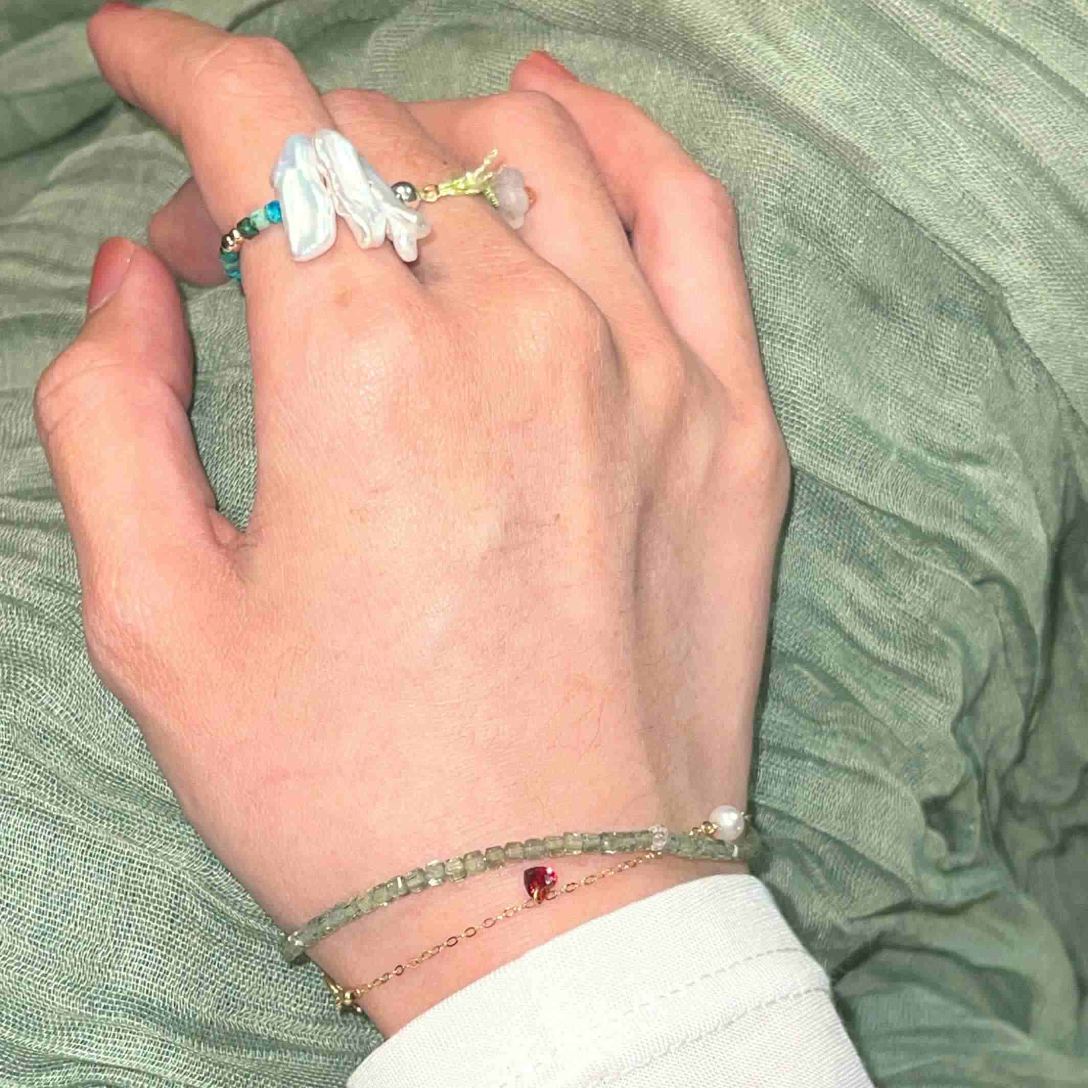 14K Gold-filled Blissful TOMORROW Bracelet with Labradorite & Red Zircon Heart & Pearl - Image 5