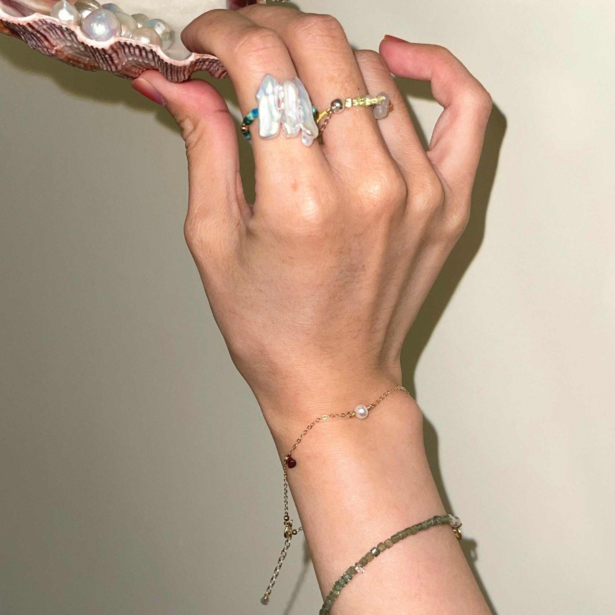 14K Gold-filled Blissful TOMORROW Bracelet with Labradorite & Red Zircon Heart & Pearl - Image 2