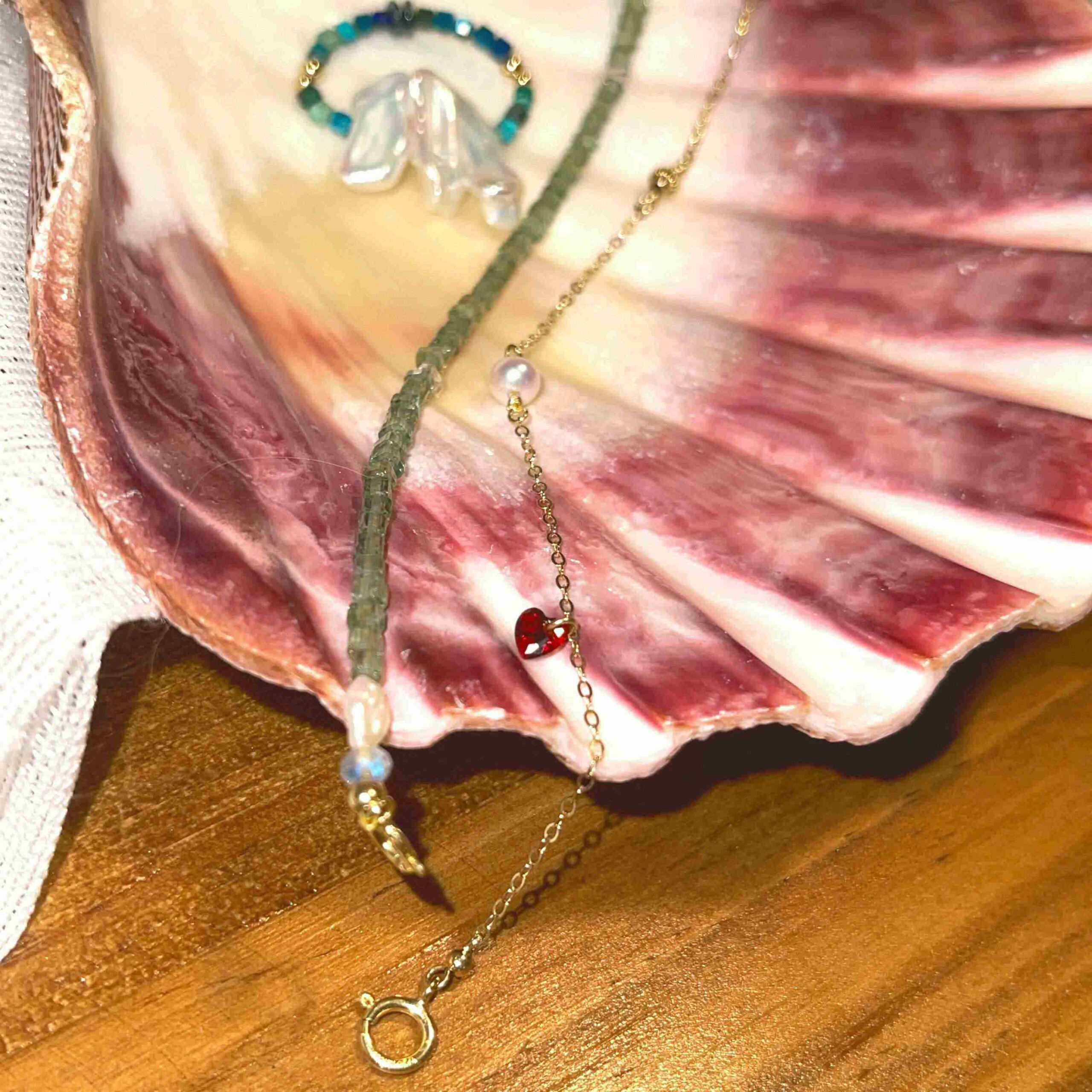 14K Gold-filled Blissful TOMORROW Bracelet with Labradorite & Red Zircon Heart & Pearl - Image 6