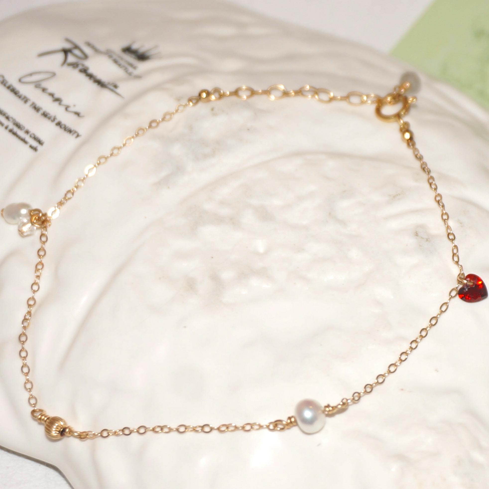 14K Gold-filled Blissful TOMORROW Bracelet with Labradorite & Red Zircon Heart & Pearl - Image 7
