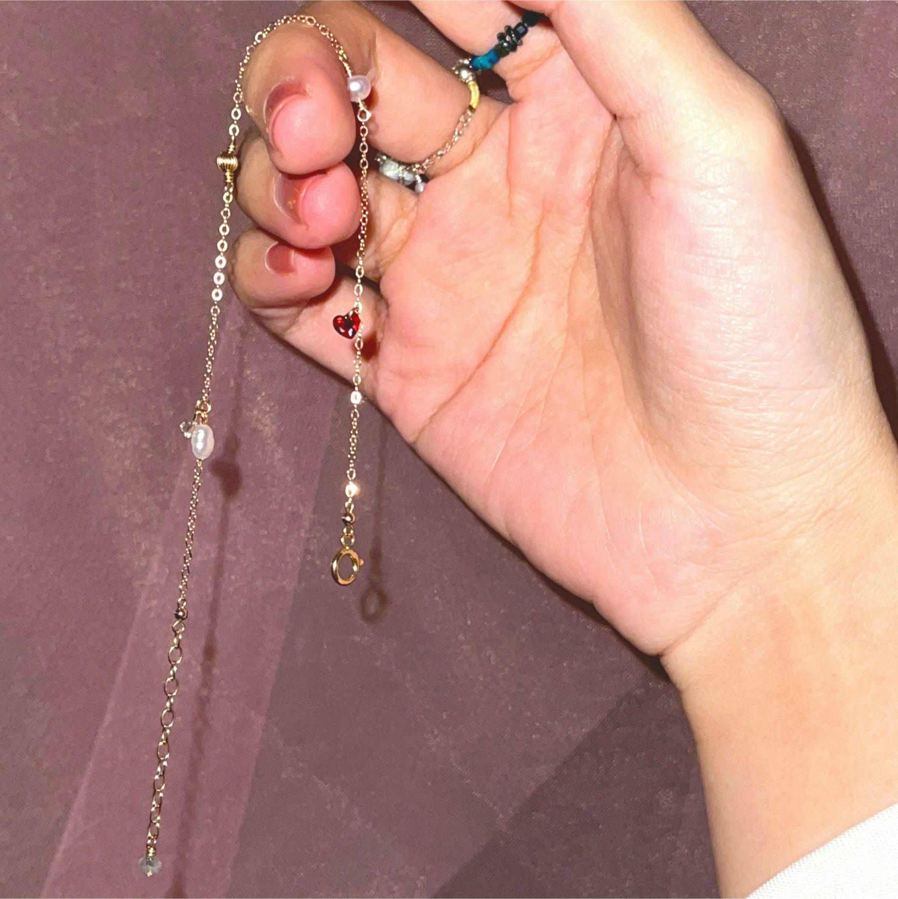 14K Gold-filled Blissful TOMORROW Bracelet with Labradorite & Red Zircon Heart & Pearl - Image 4