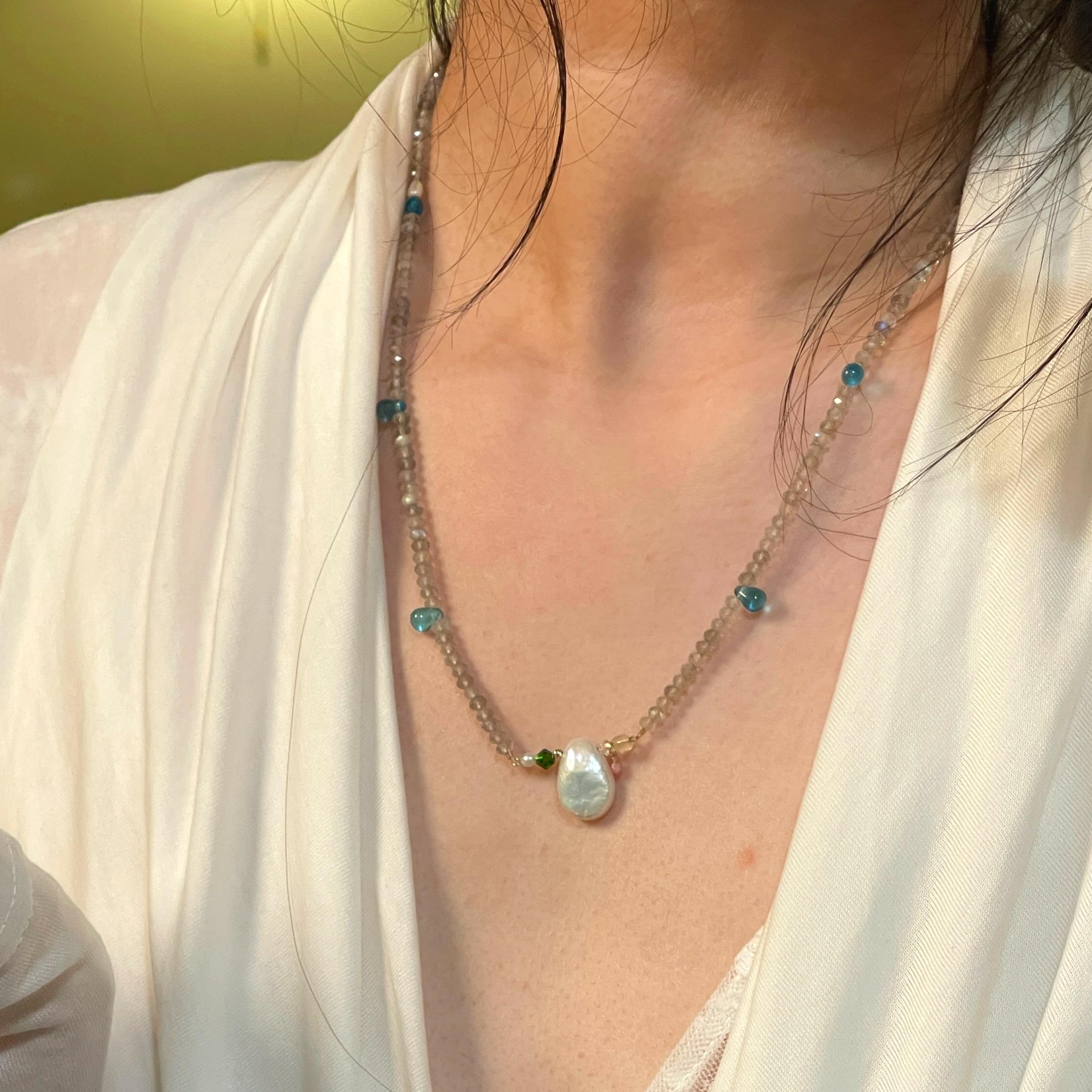 14K Gold-Filled Enchanting Exquisite THE TEAR OF MERMAID Necklace - Teardrop Baroque Pearl & Labradorite - Image 7