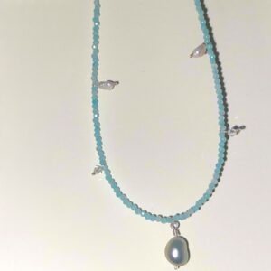 Sterling Silver Blue Romantic WAVES Necklace with Amazonite & Dreamy Pearls & Adjustable Length