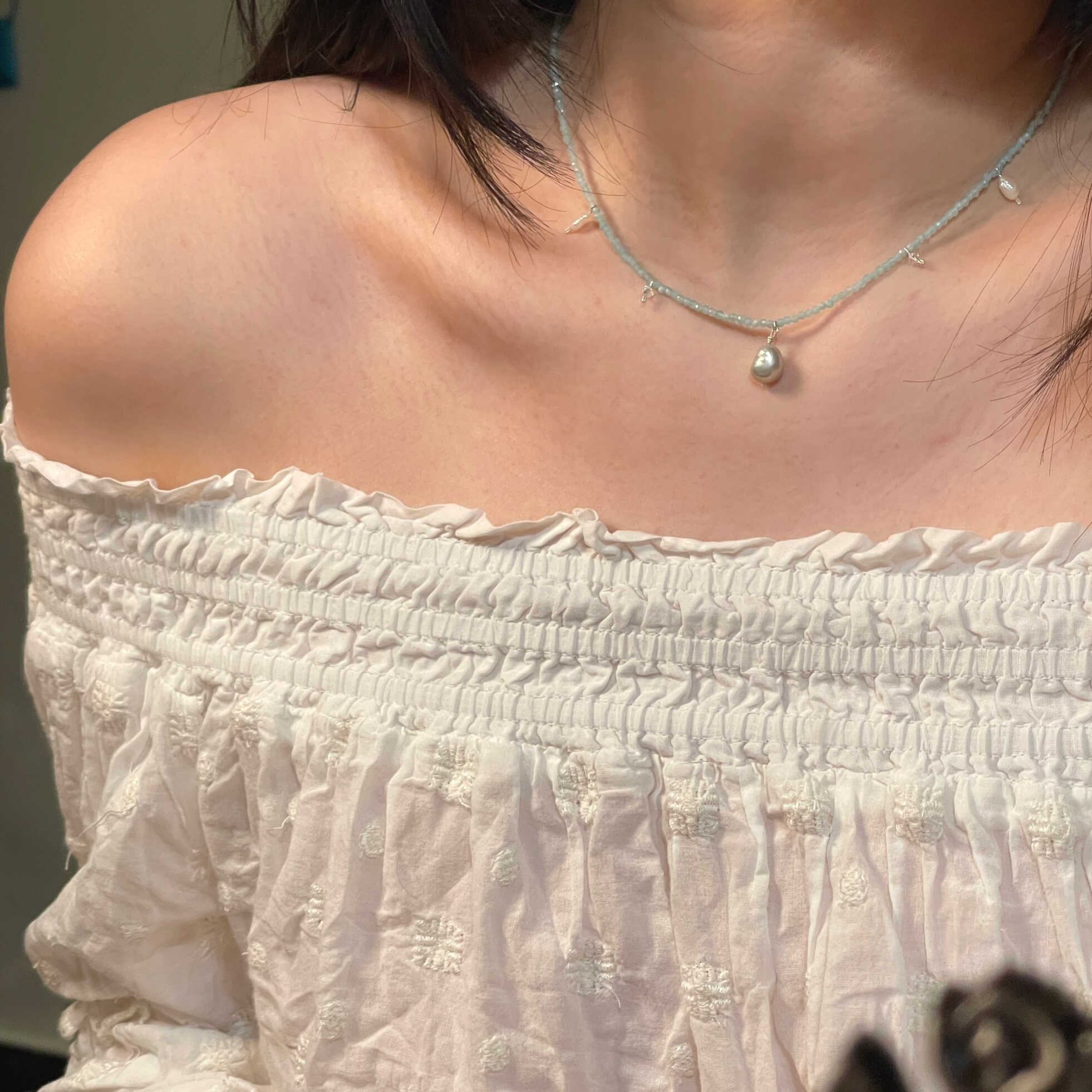 Sterling Silver Blue Romantic WAVES Necklace with Amazonite & Dreamy Pearls & Adjustable Length - Image 5