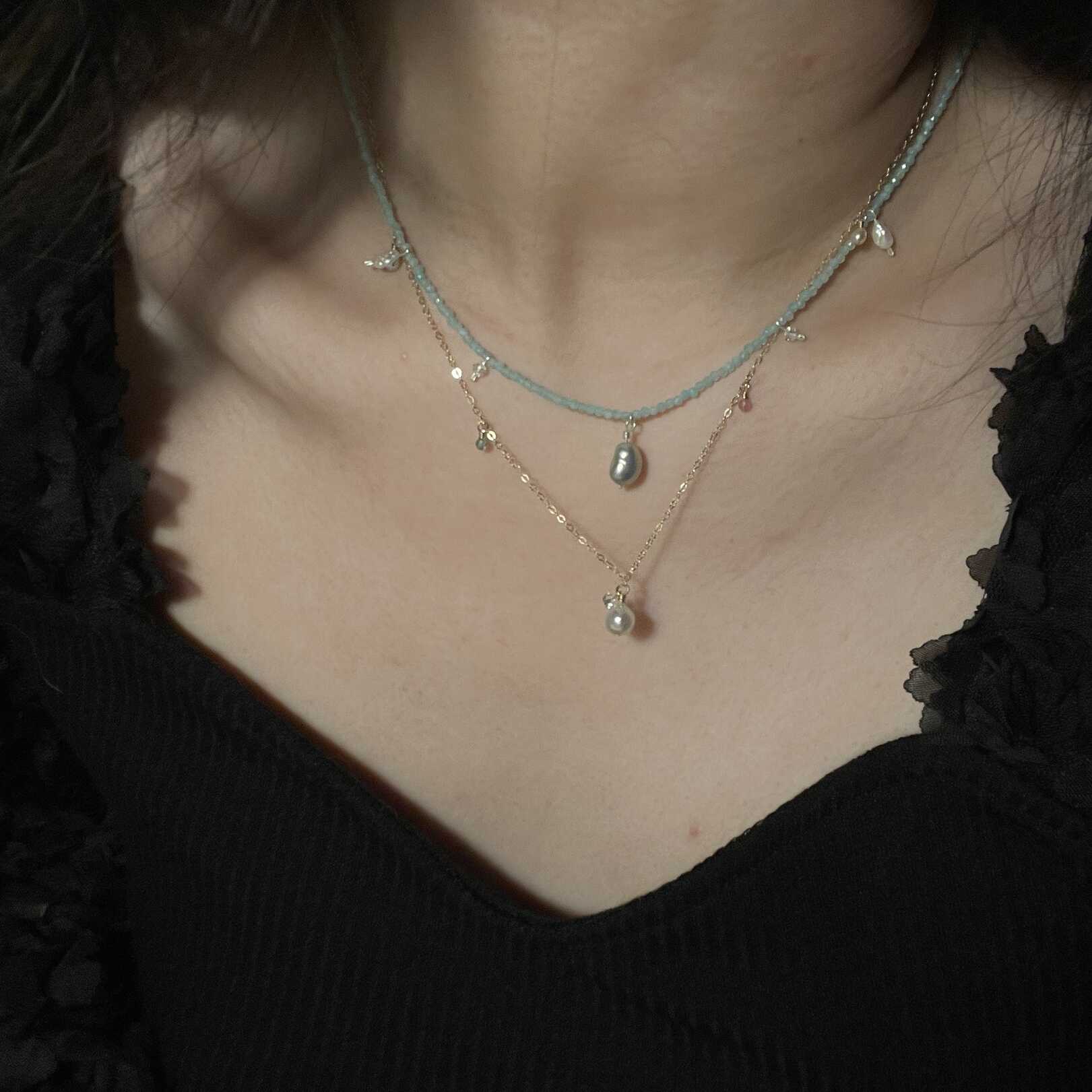 Sterling Silver Blue Romantic WAVES Necklace with Amazonite & Dreamy Pearls & Adjustable Length - Image 6