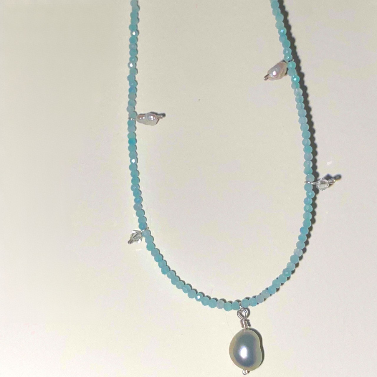 Sterling Silver Blue Romantic WAVES Necklace with Amazonite & Dreamy Pearls & Adjustable Length