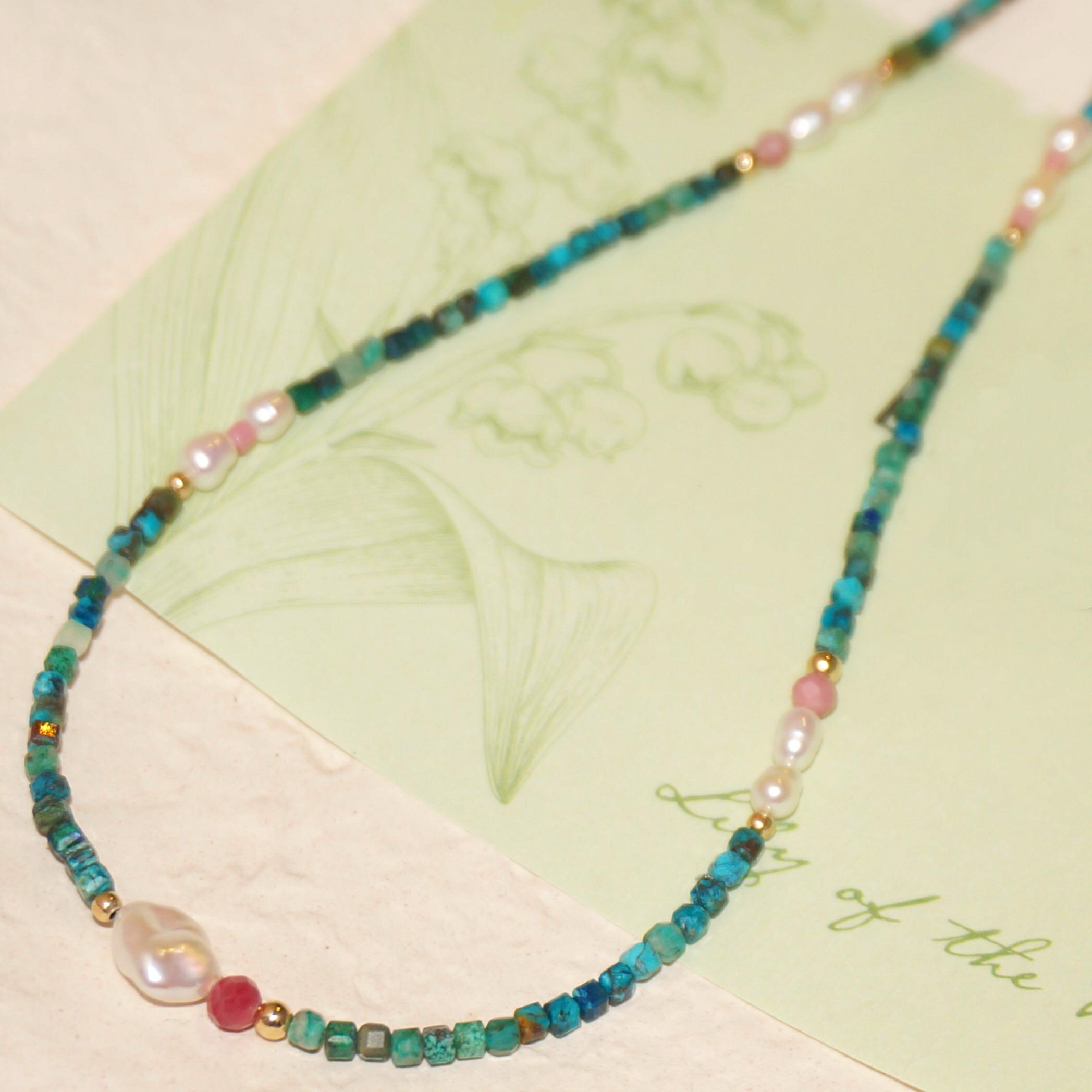 14K Gold-Filled Calming SILK ROAD Necklace - Chrysocolla & Pearl, Handmade Elegance
