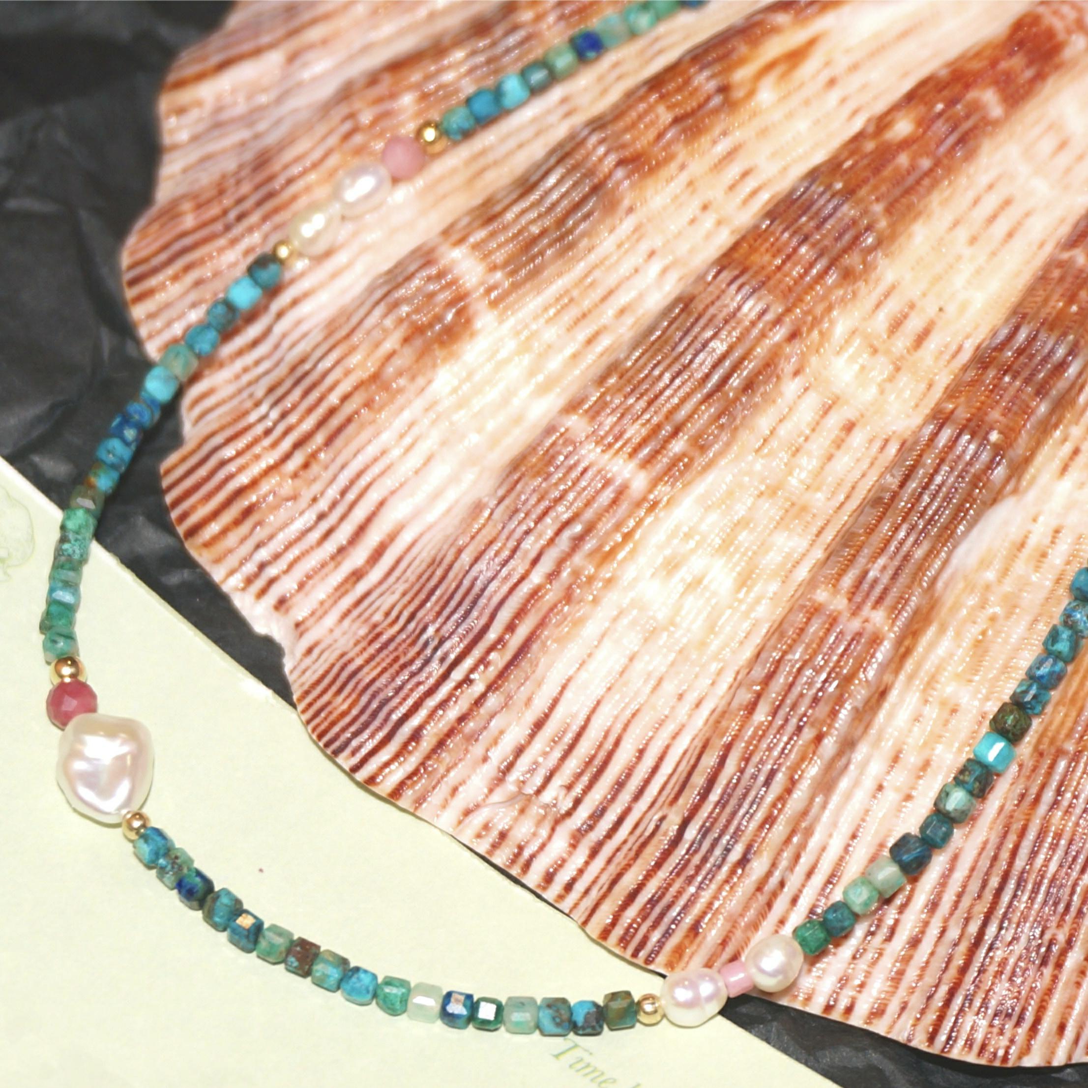 14K Gold-Filled Calming SILK ROAD Necklace - Chrysocolla & Pearl, Handmade Elegance - Image 4