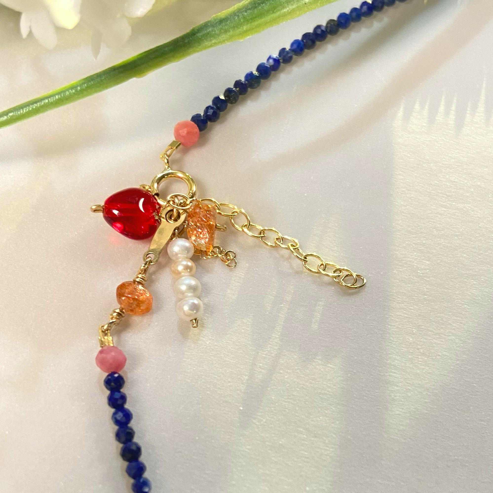 14K Gold-Filled Eye-catching AZURE BLOOM Multi-Wear Necklace/Bracelet – Lapis Lazuli, Sunstone, Floral, Pearls - Image 9