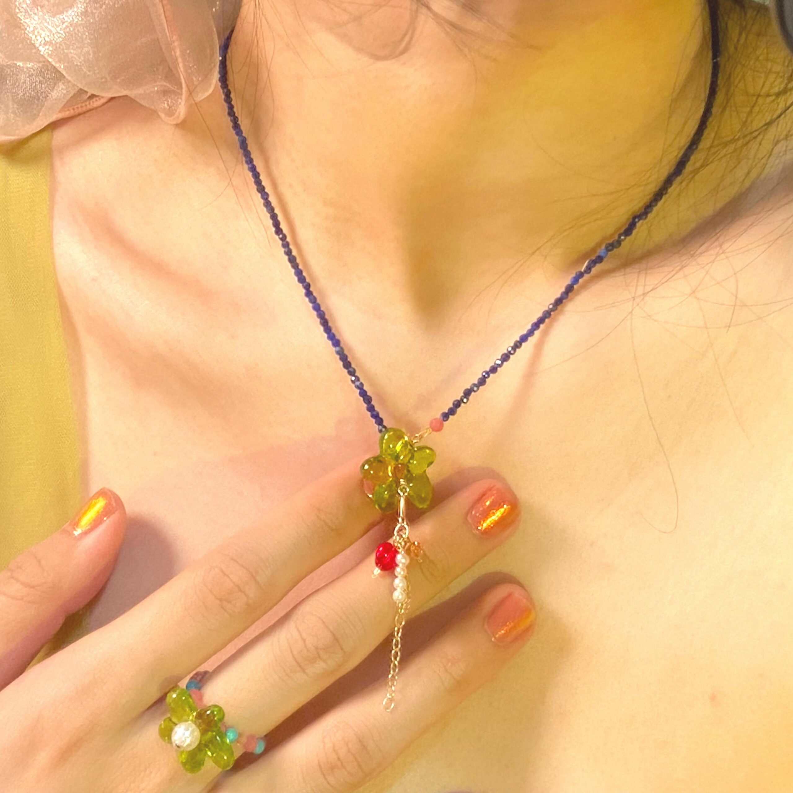 14K Gold-Filled Eye-catching AZURE BLOOM Multi-Wear Necklace/Bracelet – Lapis Lazuli, Sunstone, Floral, Pearls