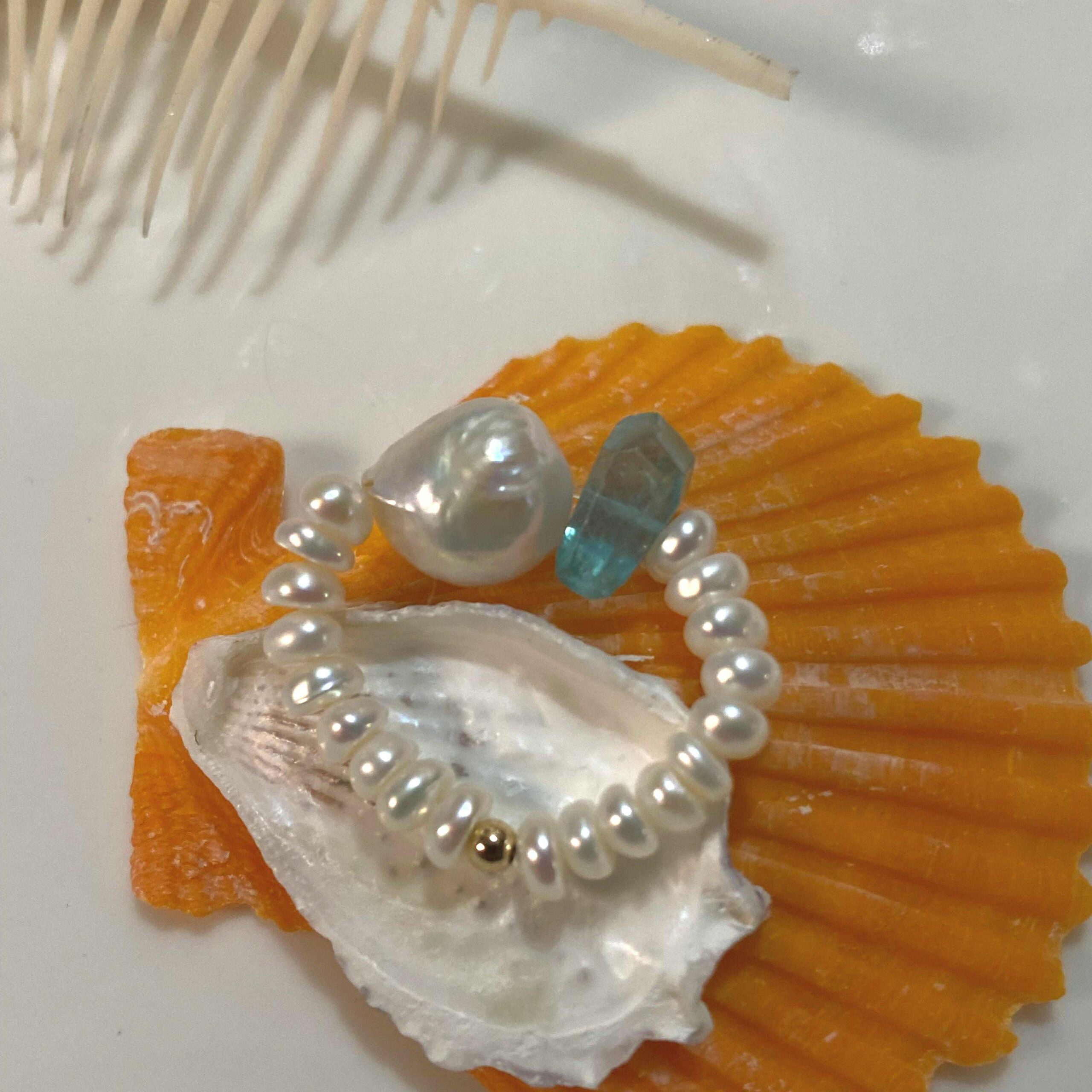 14K Gold-Filled Dainty CERULEAN SONNET Ring, Blue Apatite & Baroque Pearl Stretchy Ring - Image 3