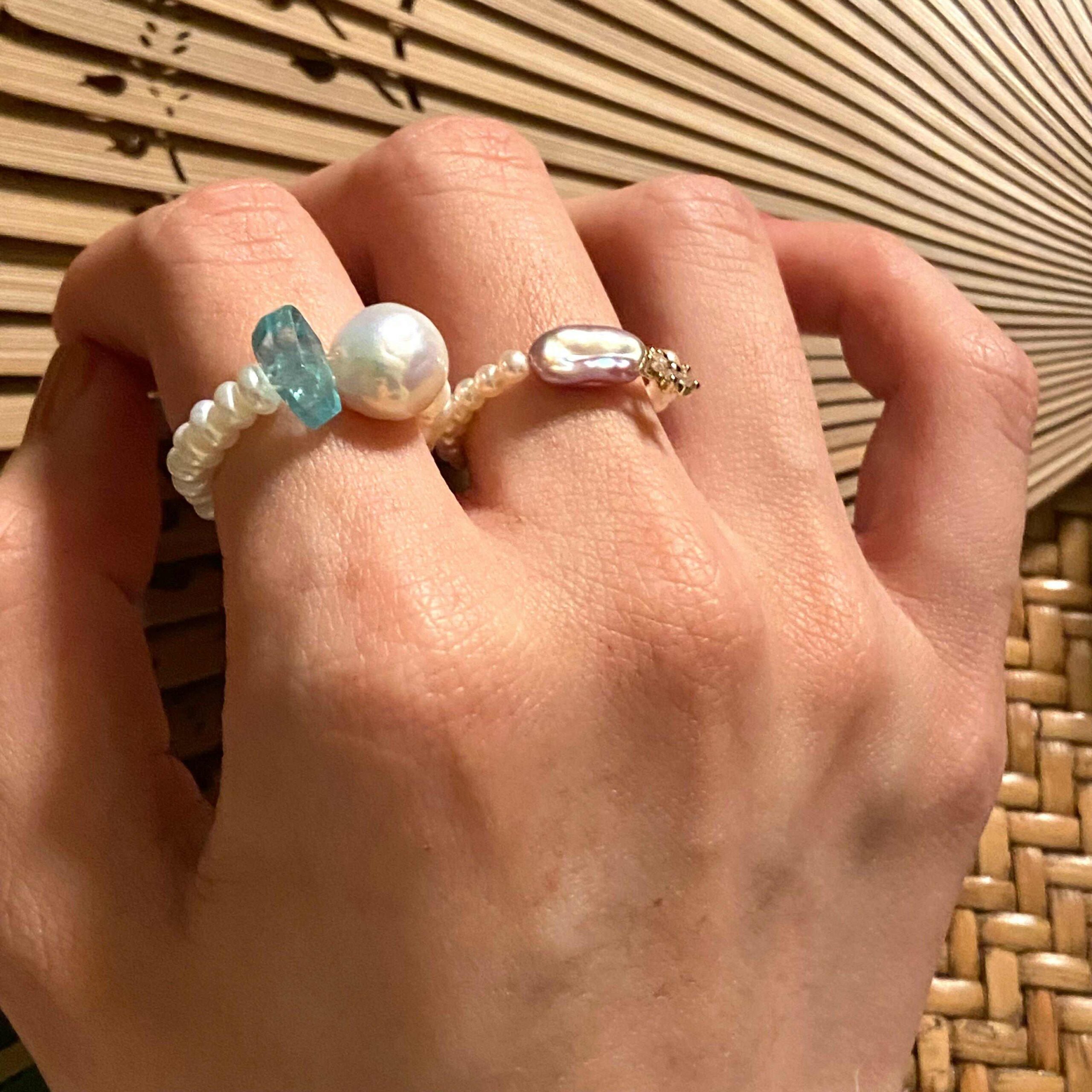 14K Gold-Filled Dainty CERULEAN SONNET Ring, Blue Apatite & Baroque Pearl Stretchy Ring - Image 4