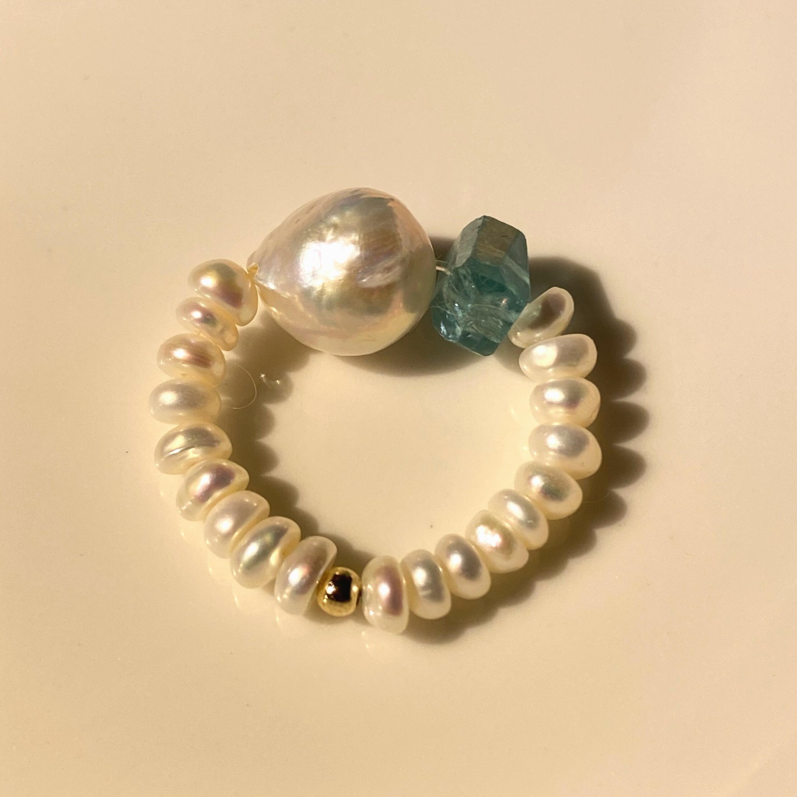 14K Gold-Filled Dainty CERULEAN SONNET Ring, Blue Apatite & Baroque Pearl Stretchy Ring