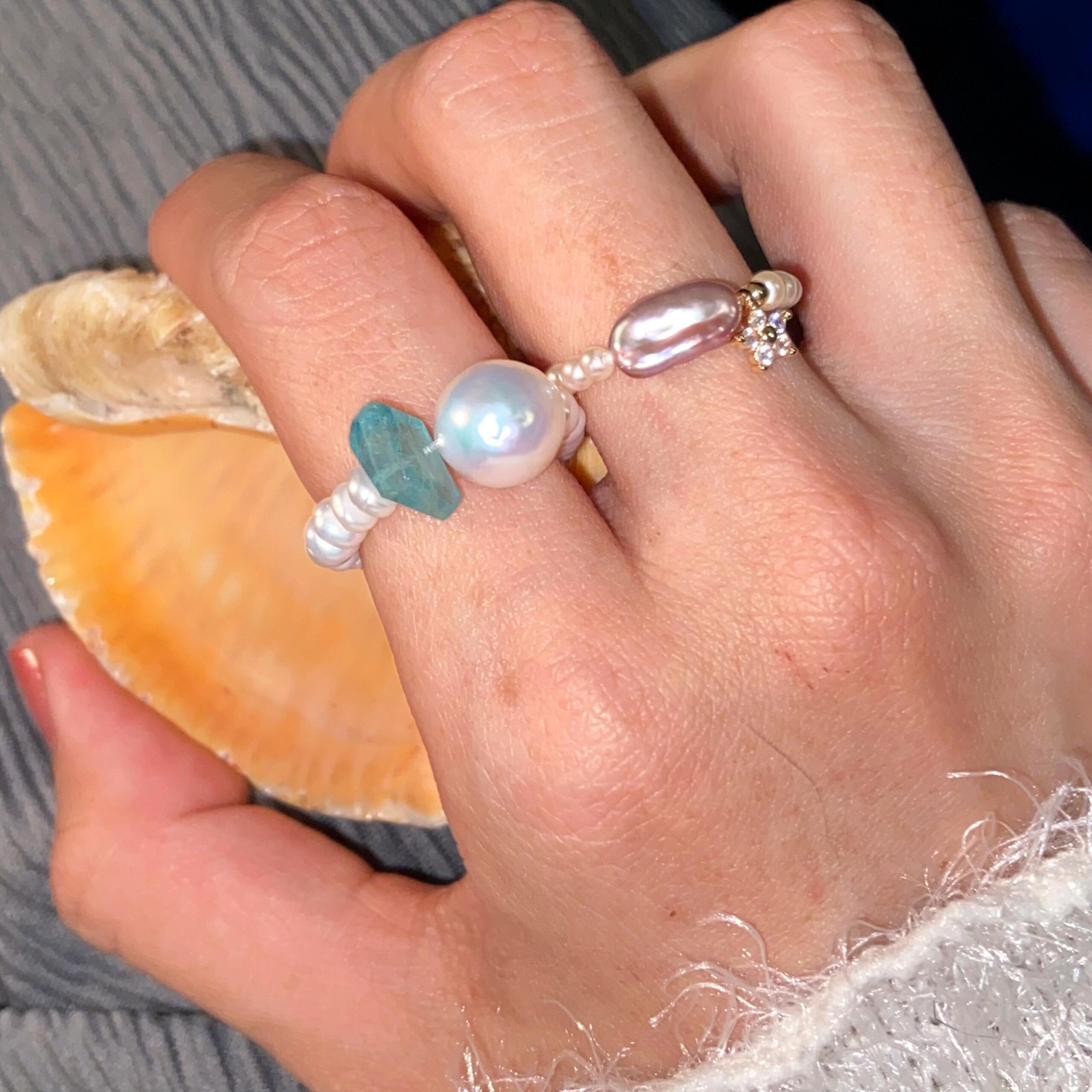 14K Gold-Filled Dainty CERULEAN SONNET Ring, Blue Apatite & Baroque Pearl Stretchy Ring - Image 2