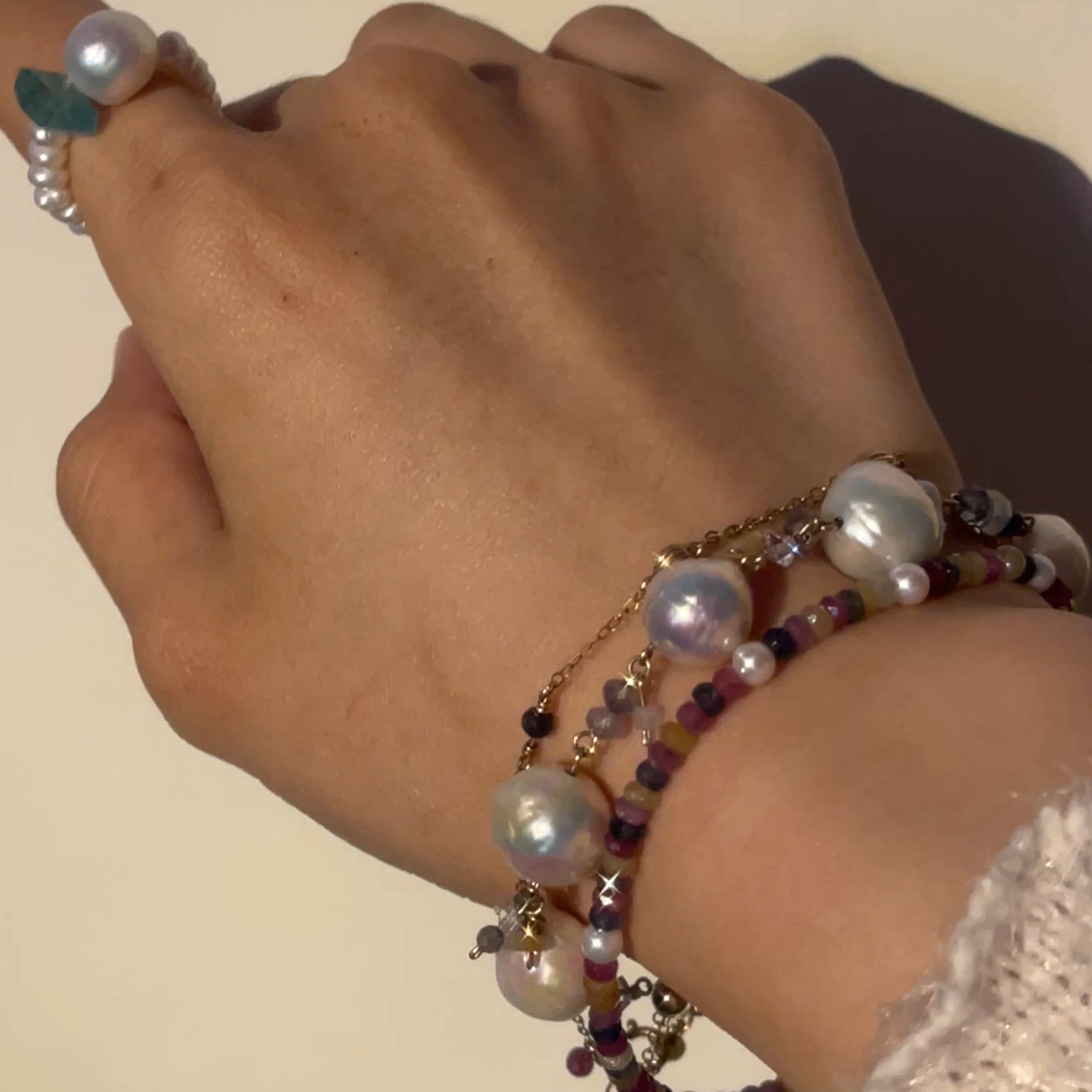 14K Gold-Filled charming DREAM Bracelet with AAA Baroque Pearls & Herkimer Diamonds& Adjustable Length - Image 4