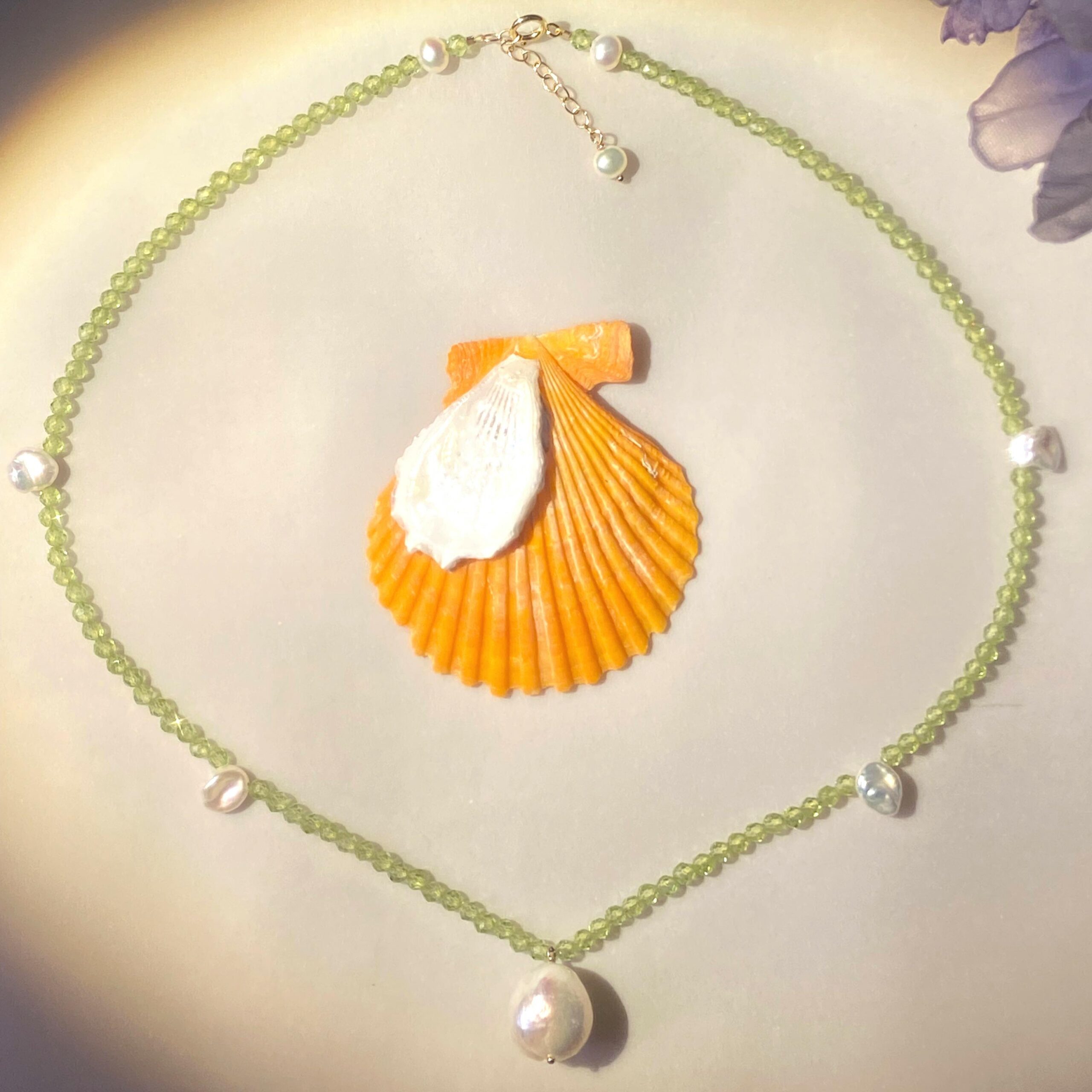 14K Gold-Filled Dazzling LUMINOUS PETAL Necklace | Peridot & AAA Grade Baroque Pearl Jewelry