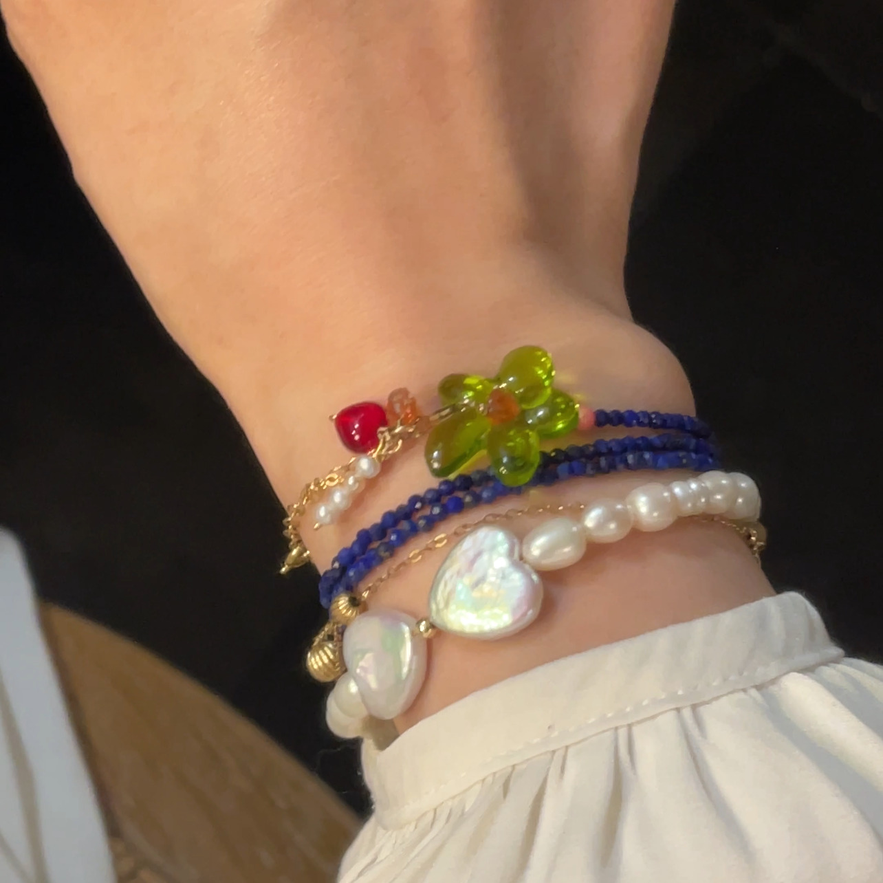 14K Gold-Filled Luxurious Moonlit Embrace Bracelet with Heart Baroque Pearl Bow & Labradorite - Image 3