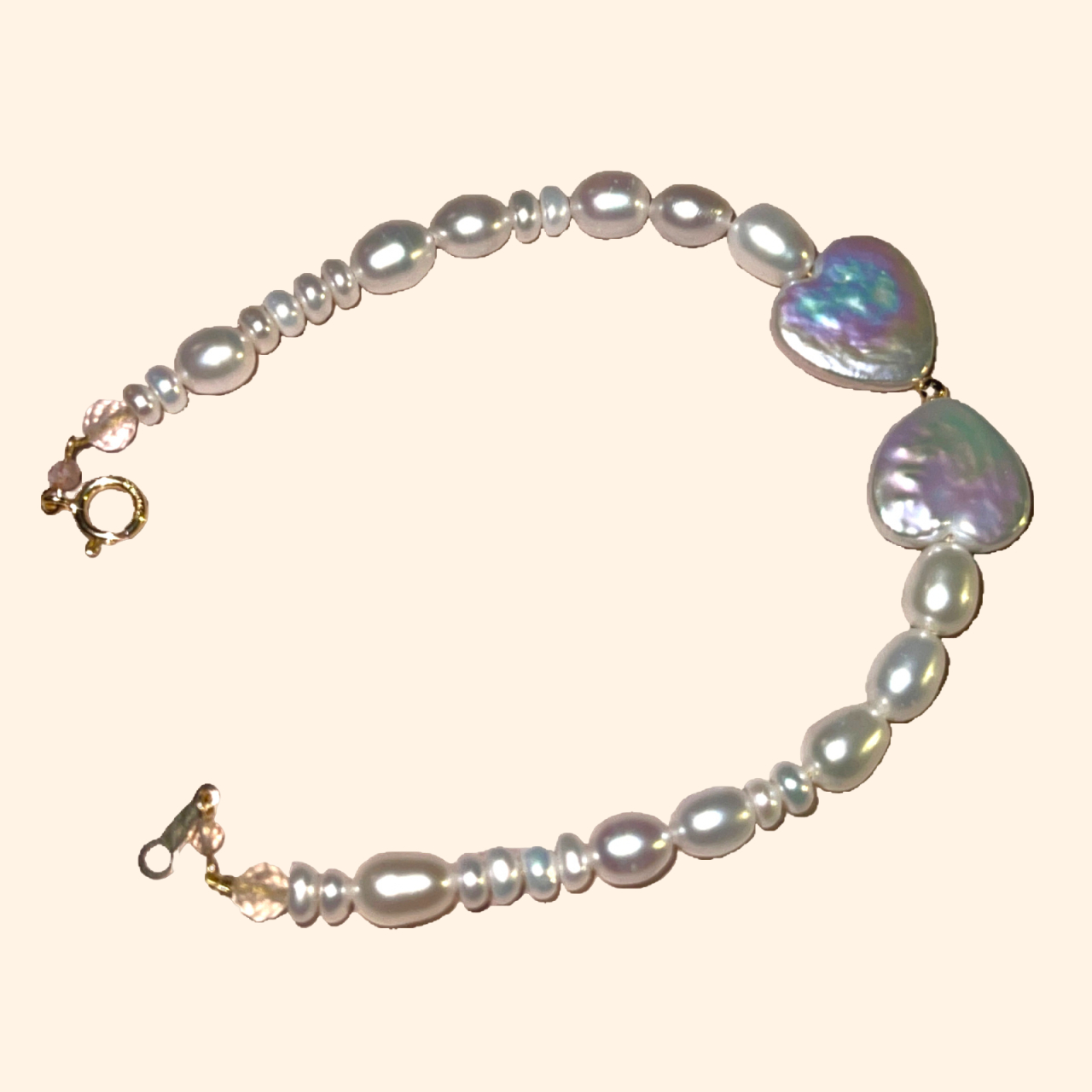 14K Gold-Filled Luxurious Moonlit Embrace Bracelet with Heart Baroque Pearl Bow & Labradorite