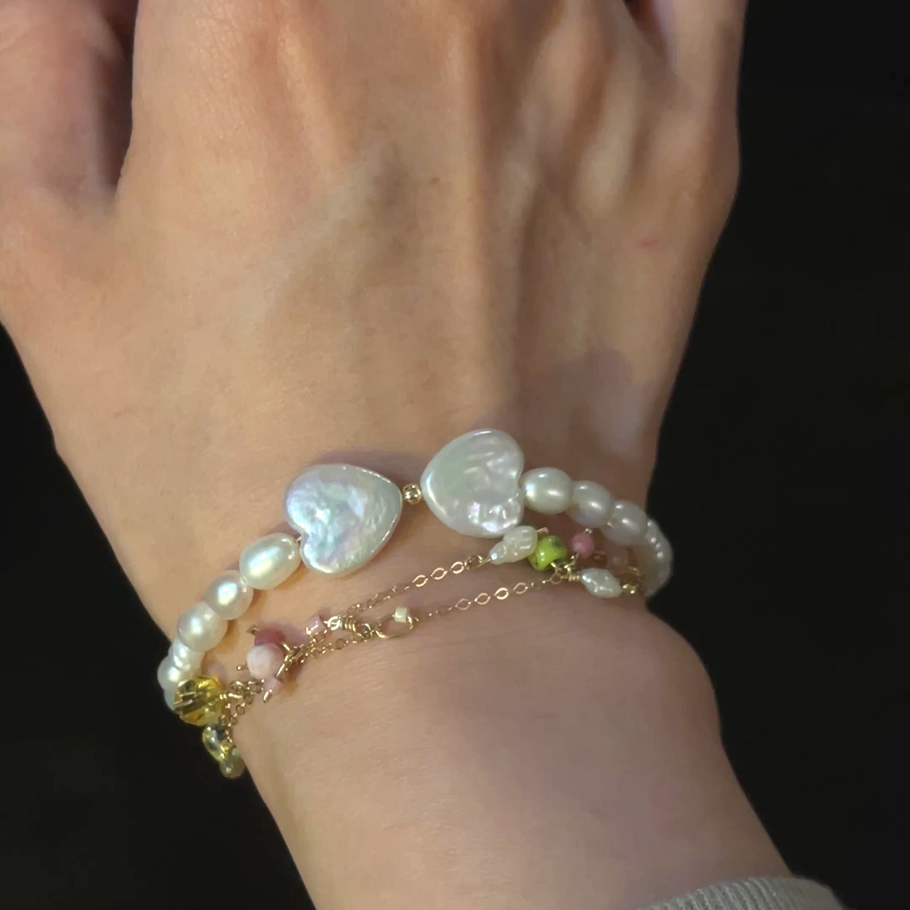 14K Gold-Filled Luxurious Moonlit Embrace Bracelet with Heart Baroque Pearl Bow & Labradorite - Image 5